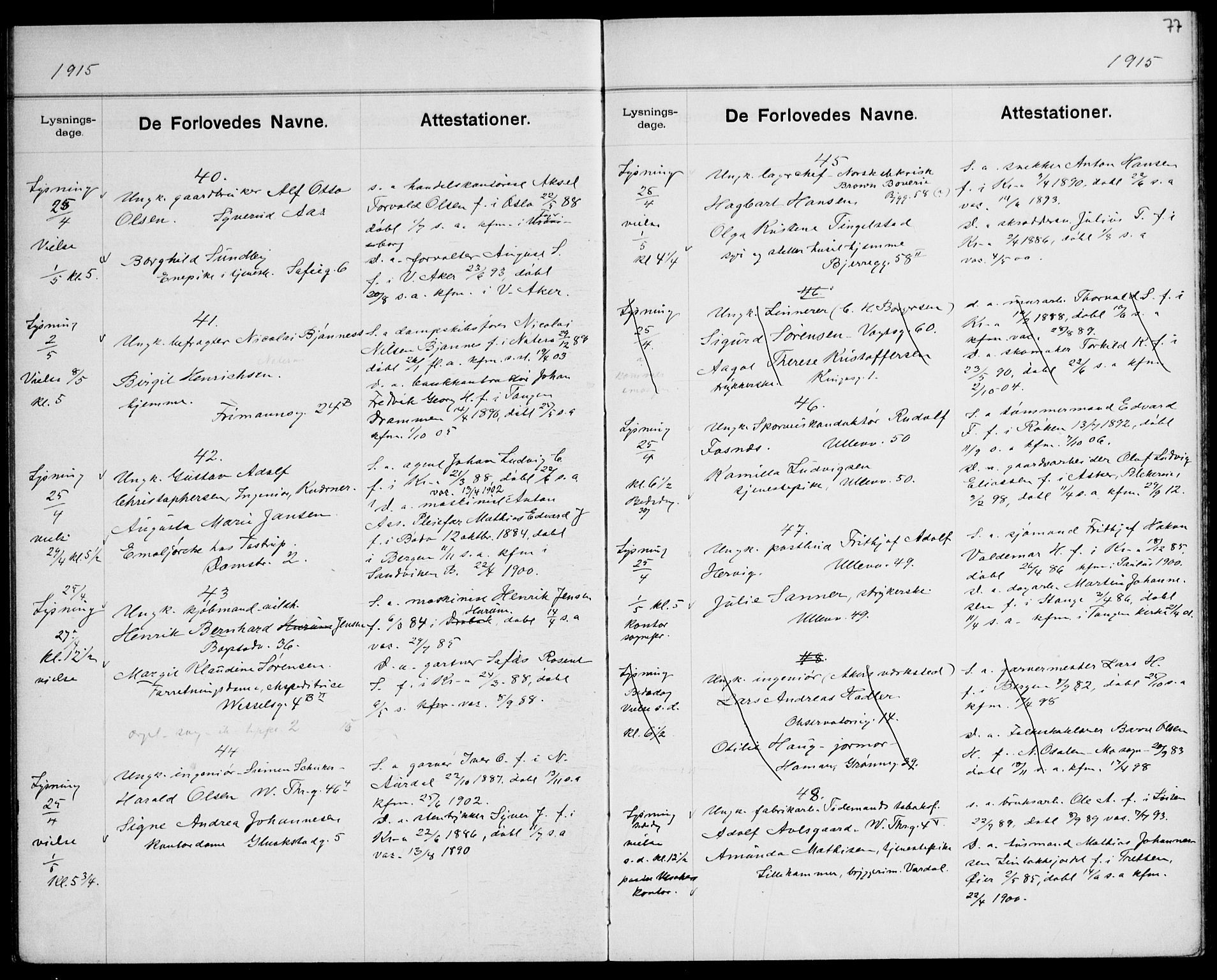 Gamle Aker prestekontor Kirkebøker, AV/SAO-A-10617a/H/L0004: Lysningsprotokoll nr. 4, 1909-1918, s. 77