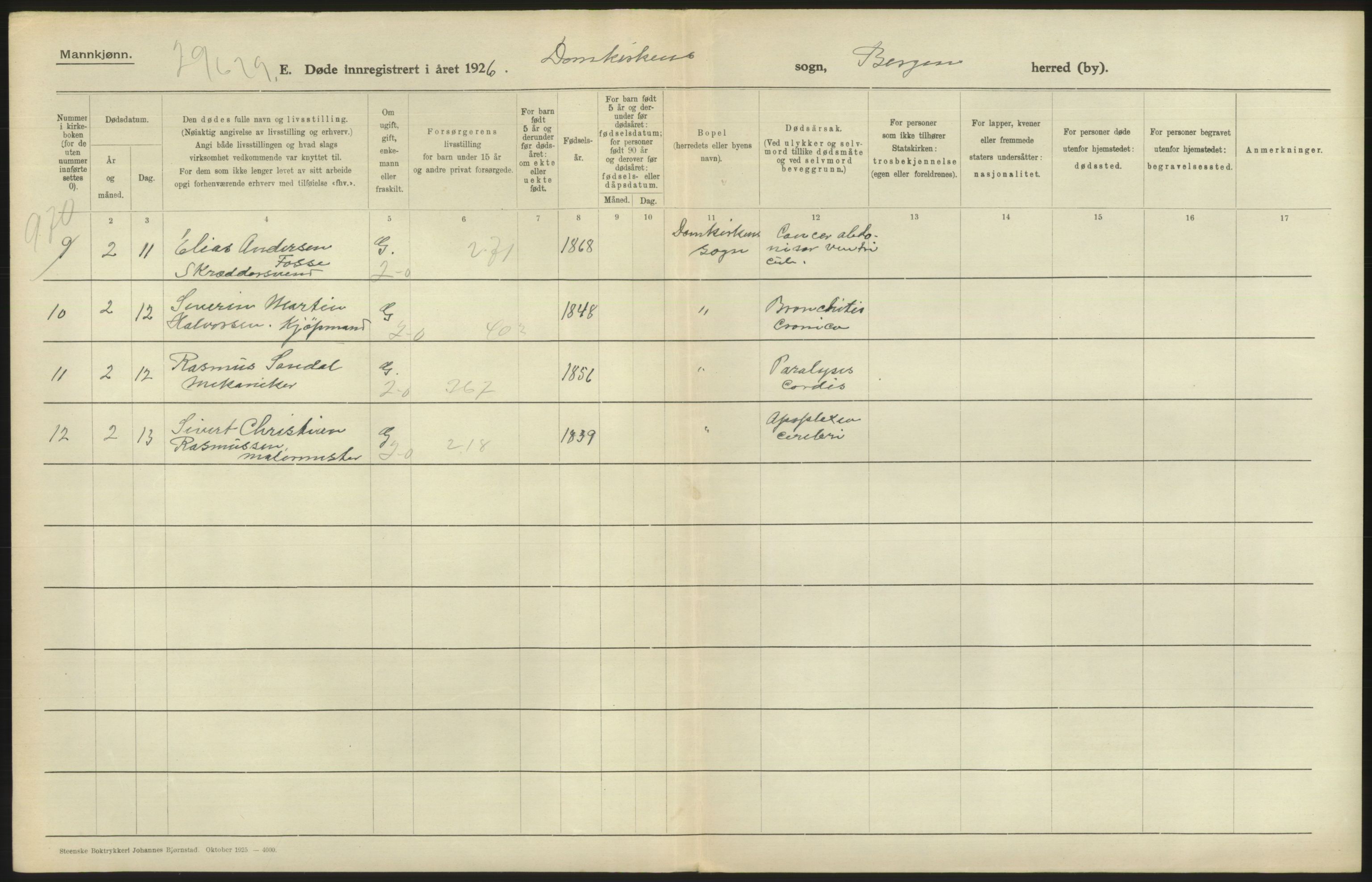 Statistisk sentralbyrå, Sosiodemografiske emner, Befolkning, RA/S-2228/D/Df/Dfc/Dfcf/L0028: Bergen: Gifte, døde, dødfødte., 1926, s. 610