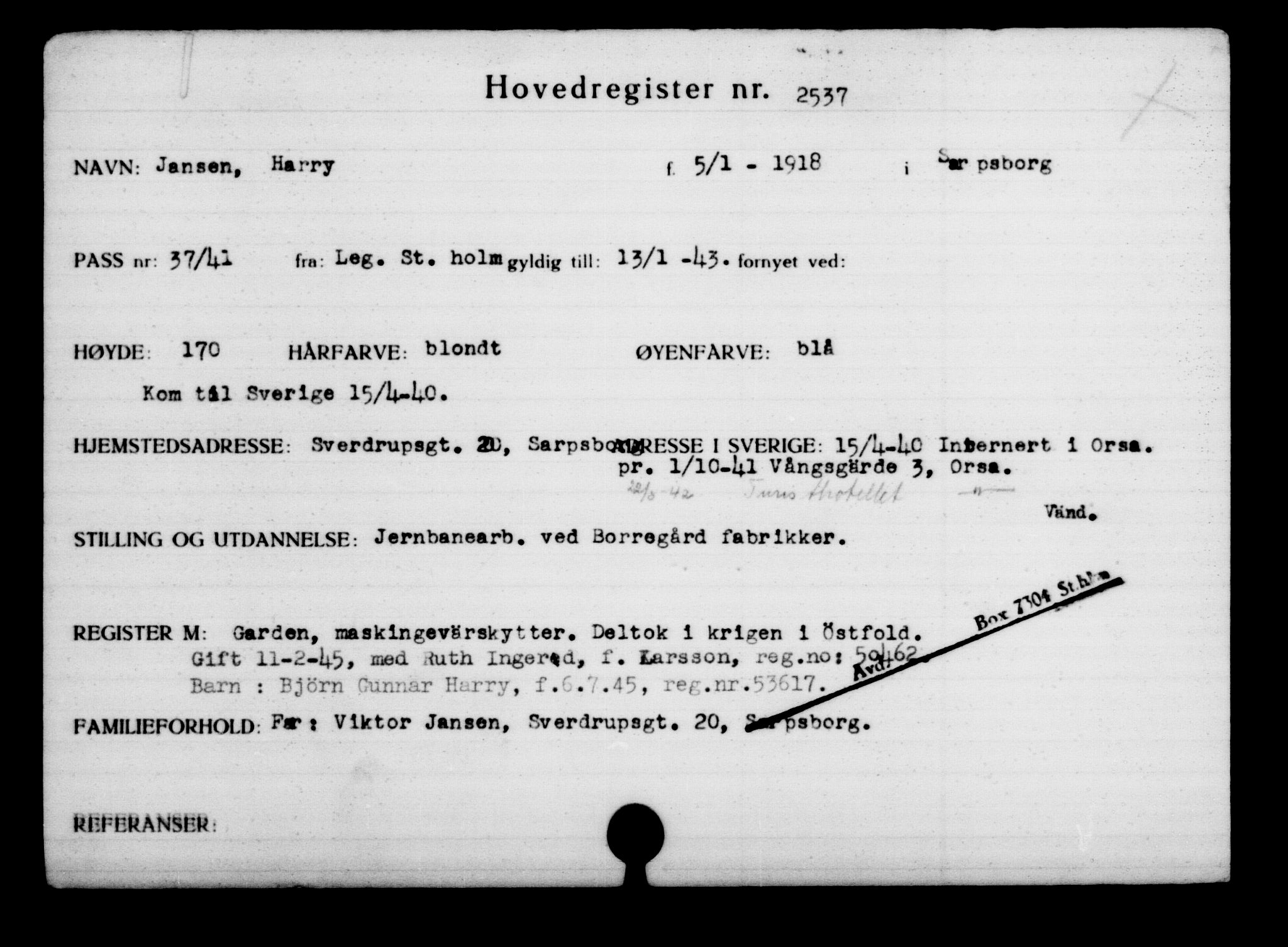 Utenriksstasjonene, Legasjonen i Stockholm, Flyktningkontoret, AV/RA-S-6753/V/Va/L0003: Kjesäterkartoteket, flyktninger med registreringsnr. 2001-3495, 1940-1945, s. 710