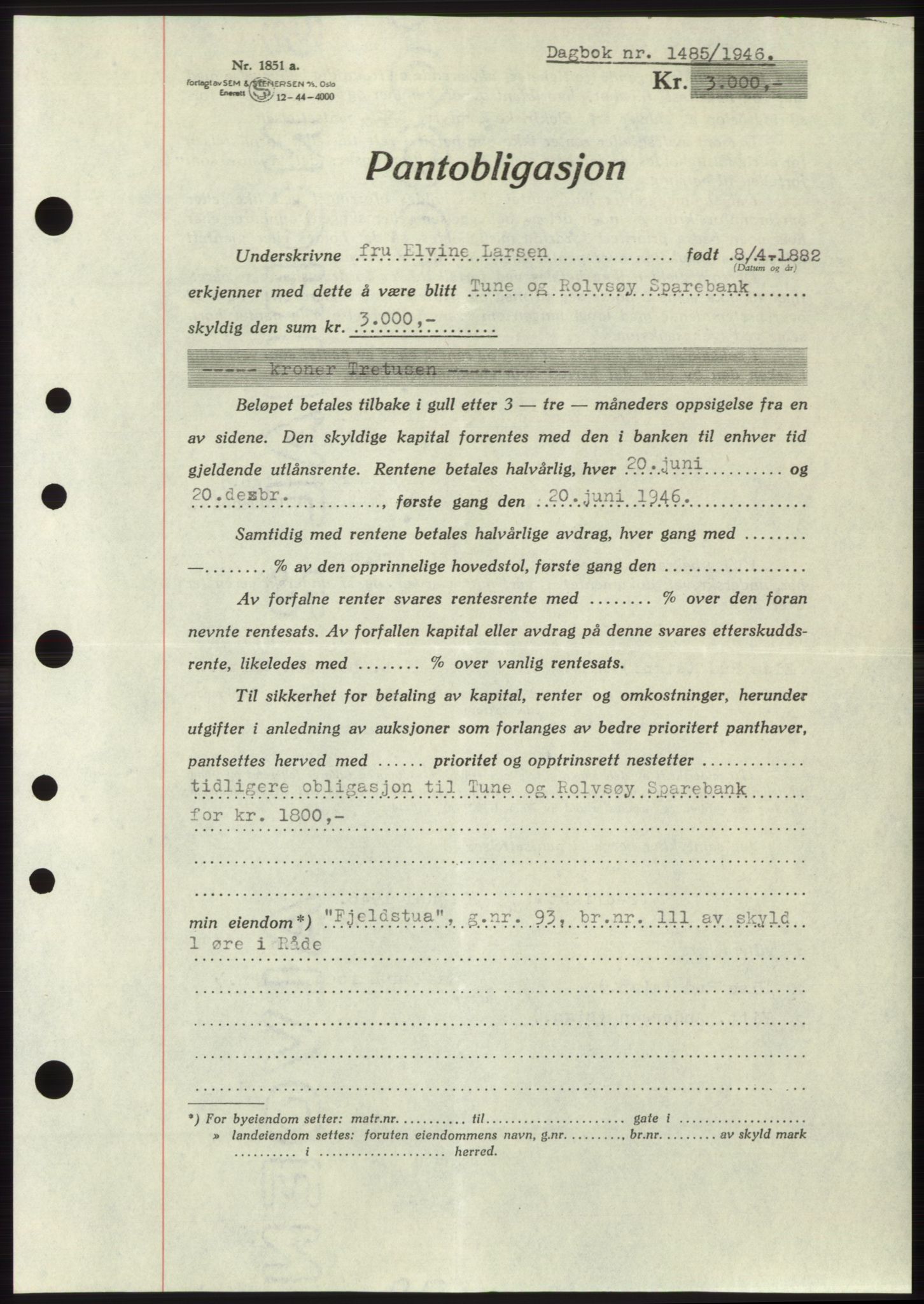 Moss sorenskriveri, SAO/A-10168: Pantebok nr. B15, 1946-1946, Dagboknr: 1485/1946