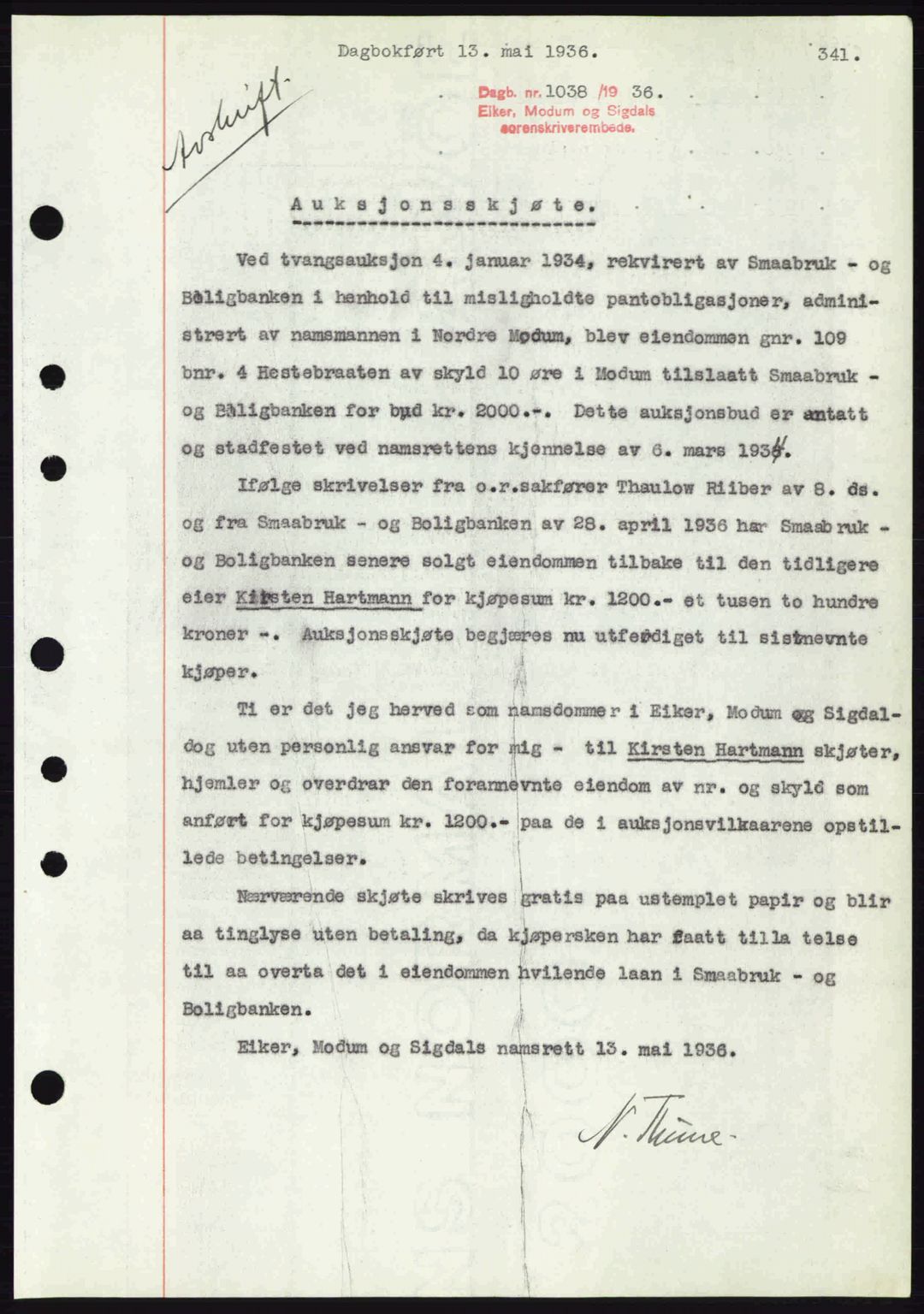 Eiker, Modum og Sigdal sorenskriveri, SAKO/A-123/G/Ga/Gab/L0032: Pantebok nr. A2, 1936-1936, Dagboknr: 1038/1936