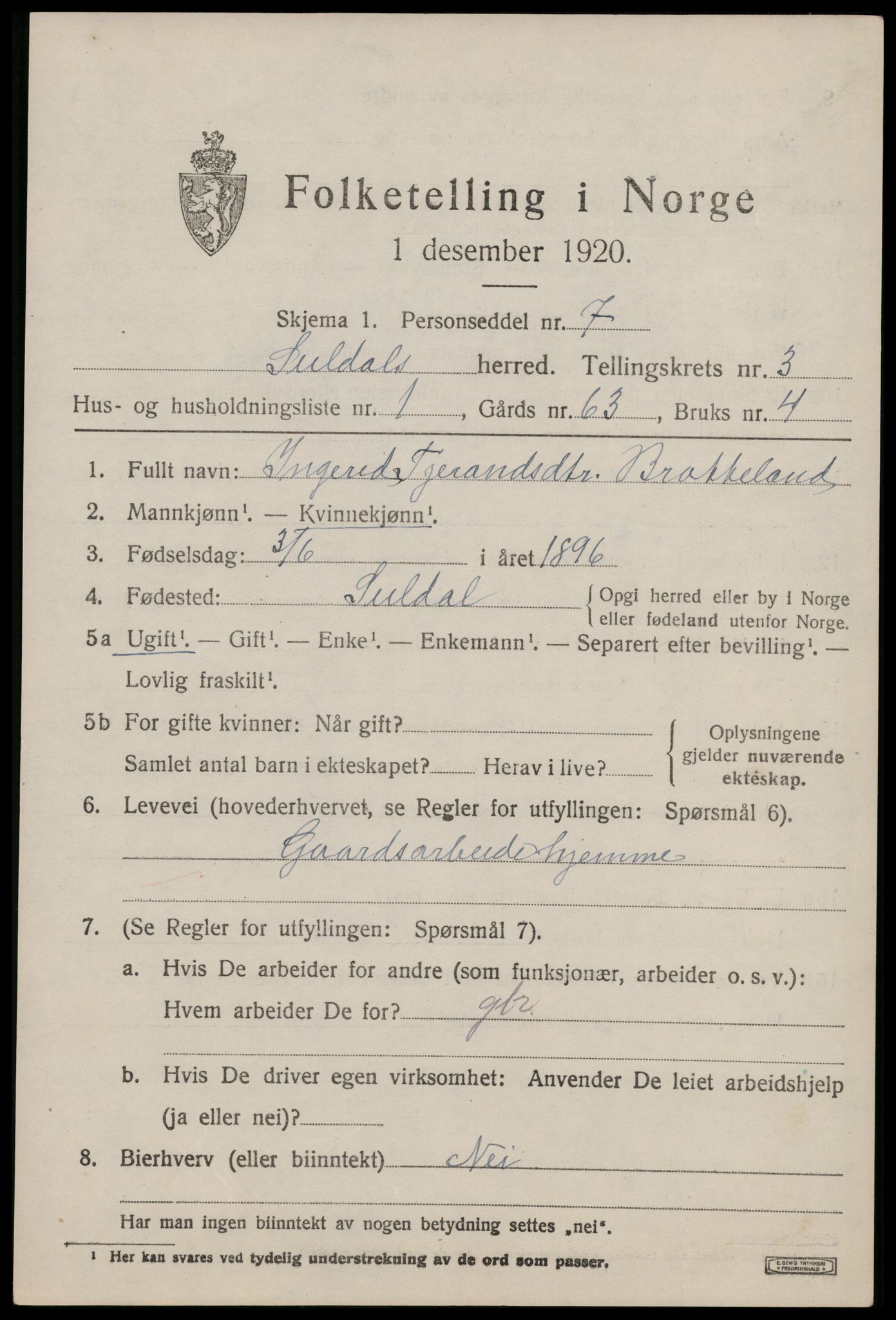 SAST, Folketelling 1920 for 1134 Suldal herred, 1920, s. 920