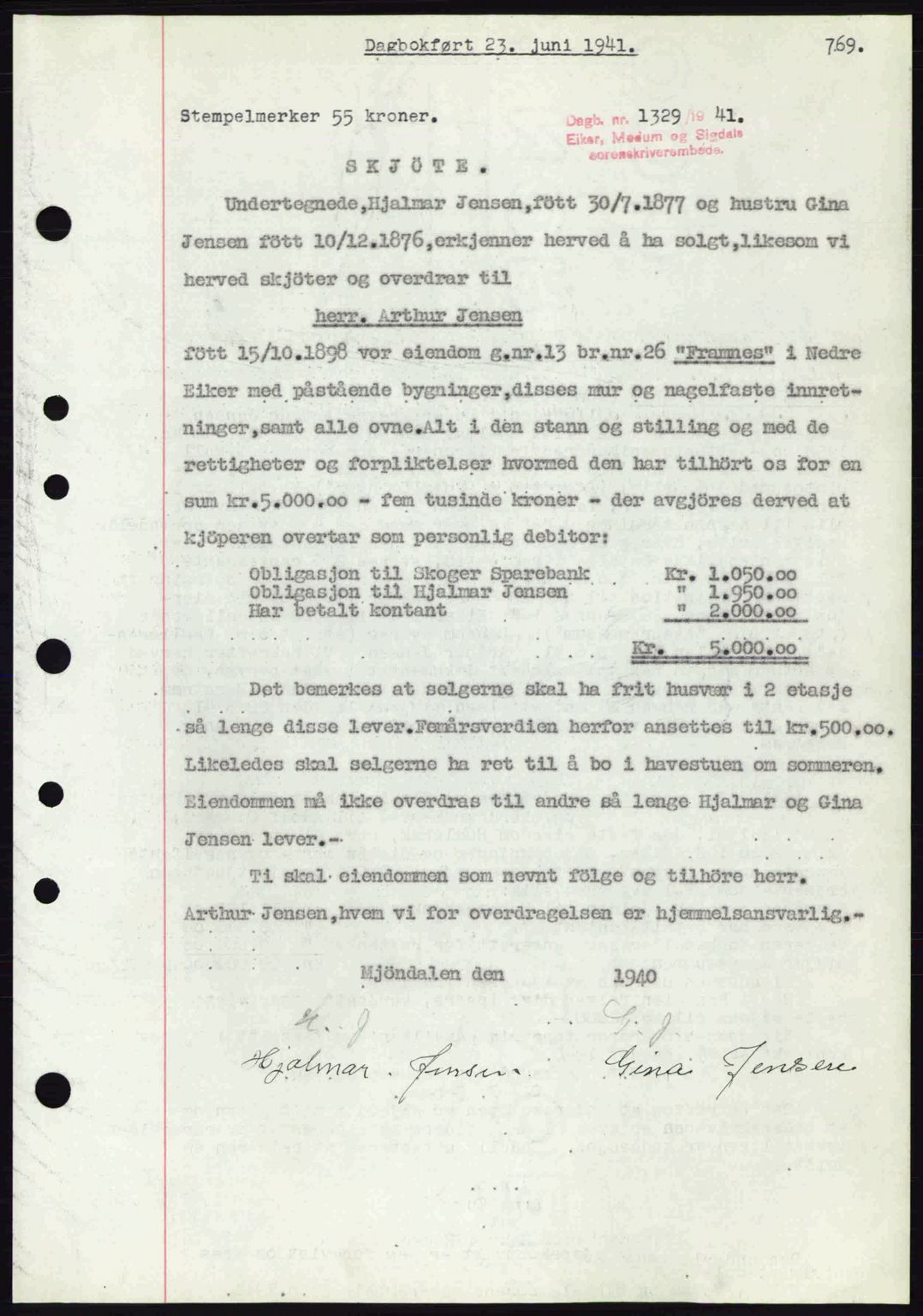 Eiker, Modum og Sigdal sorenskriveri, SAKO/A-123/G/Ga/Gab/L0043: Pantebok nr. A13, 1940-1941, Dagboknr: 1329/1941