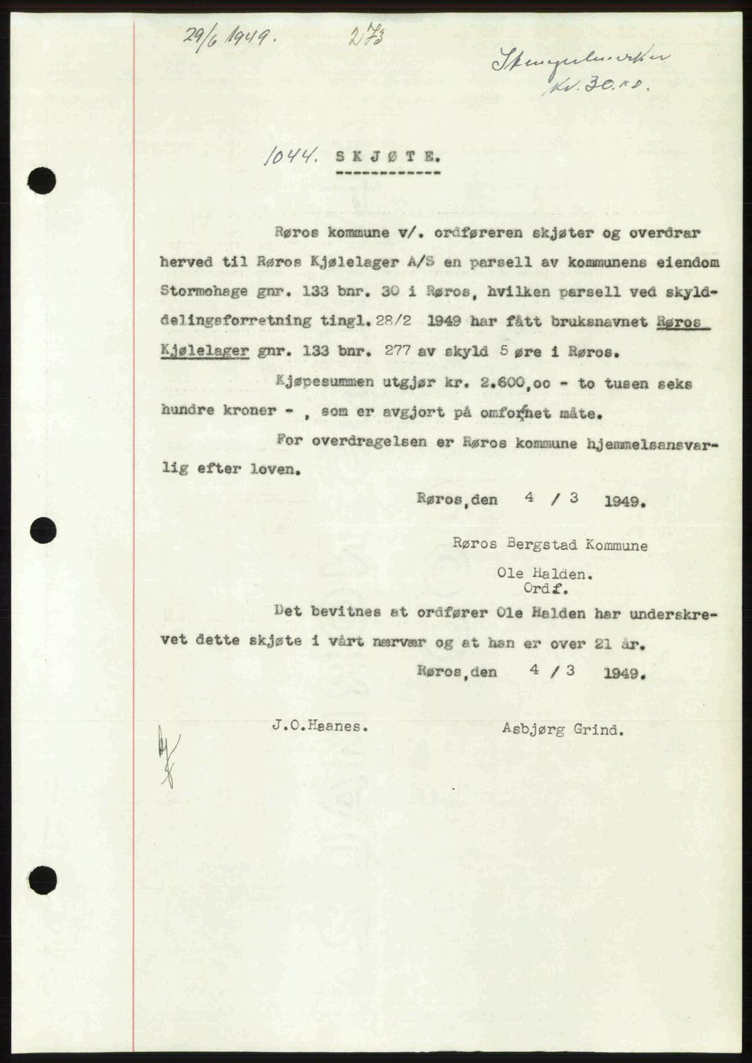 Gauldal sorenskriveri, SAT/A-0014/1/2/2C: Pantebok nr. A8, 1949-1949, Dagboknr: 1044/1949