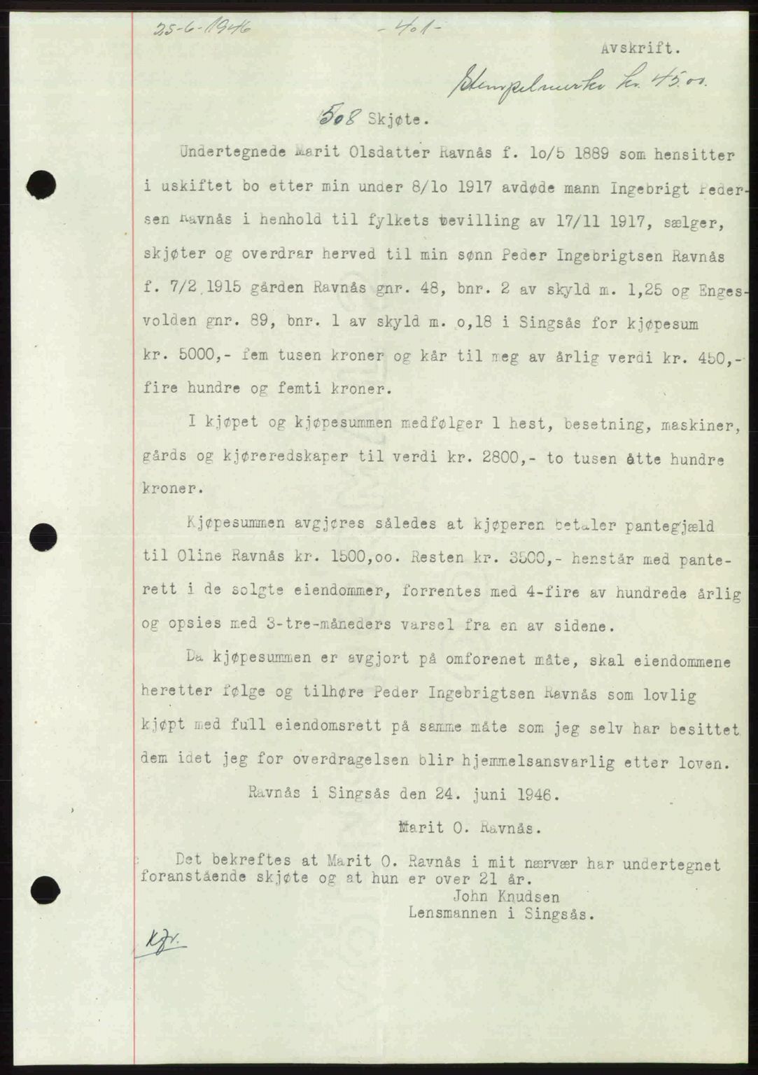 Gauldal sorenskriveri, SAT/A-0014/1/2/2C: Pantebok nr. A2, 1946-1946, Dagboknr: 508/1946