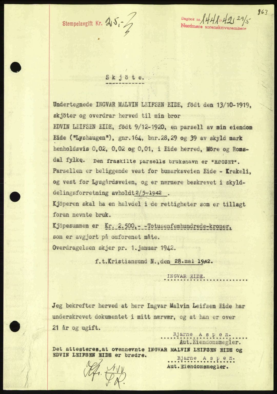 Nordmøre sorenskriveri, SAT/A-4132/1/2/2Ca: Pantebok nr. A92, 1942-1942, Dagboknr: 1441/1942