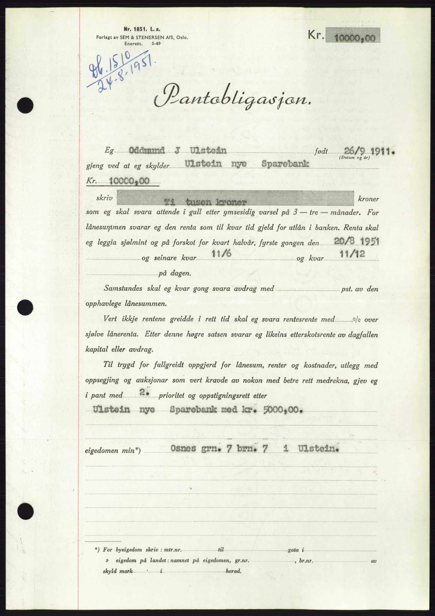 Søre Sunnmøre sorenskriveri, AV/SAT-A-4122/1/2/2C/L0120: Pantebok nr. 8B, 1951-1951, Dagboknr: 1510/1951