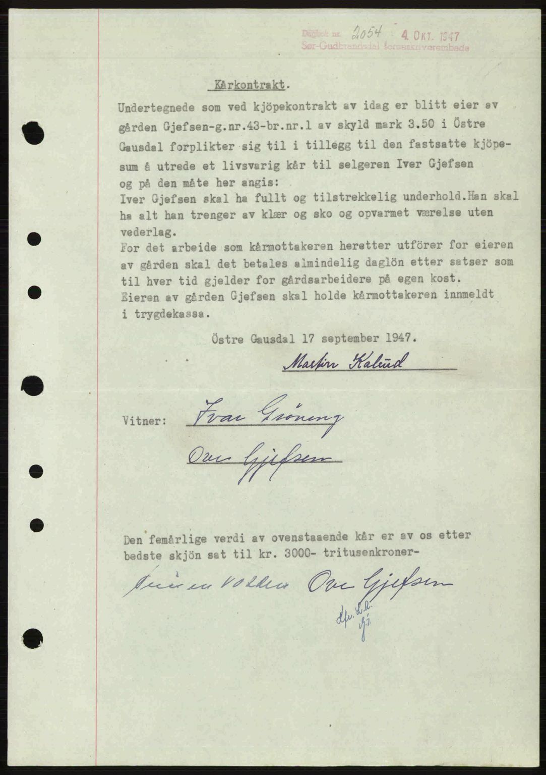 Sør-Gudbrandsdal tingrett, SAH/TING-004/H/Hb/Hbe/L0003: Pantebok nr. B3, 1943-1948, Dagboknr: 2054/1947