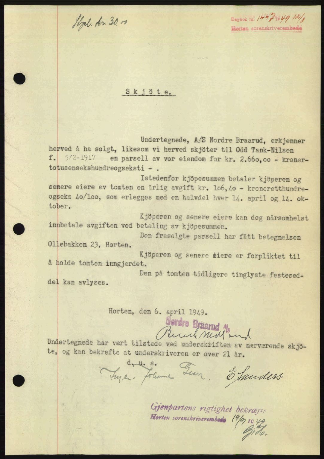Horten sorenskriveri, SAKO/A-133/G/Ga/Gaa/L0013: Pantebok nr. A-13, 1949-1949, Dagboknr: 1447/1949