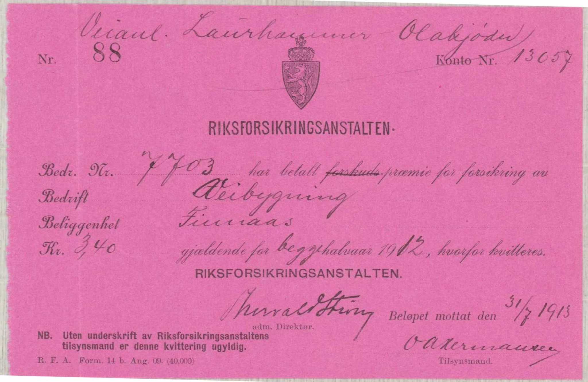 Finnaas kommune. Formannskapet, IKAH/1218a-021/E/Ea/L0001/0004: Rekneskap for veganlegg / Rekneskap for veganlegget Laurhammer - Olakjødn, 1913-1916, s. 45