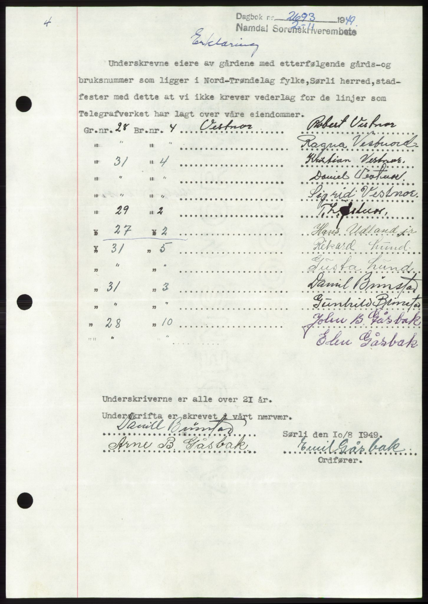 Namdal sorenskriveri, SAT/A-4133/1/2/2C: Pantebok nr. -, 1949-1949, Dagboknr: 2693/1949
