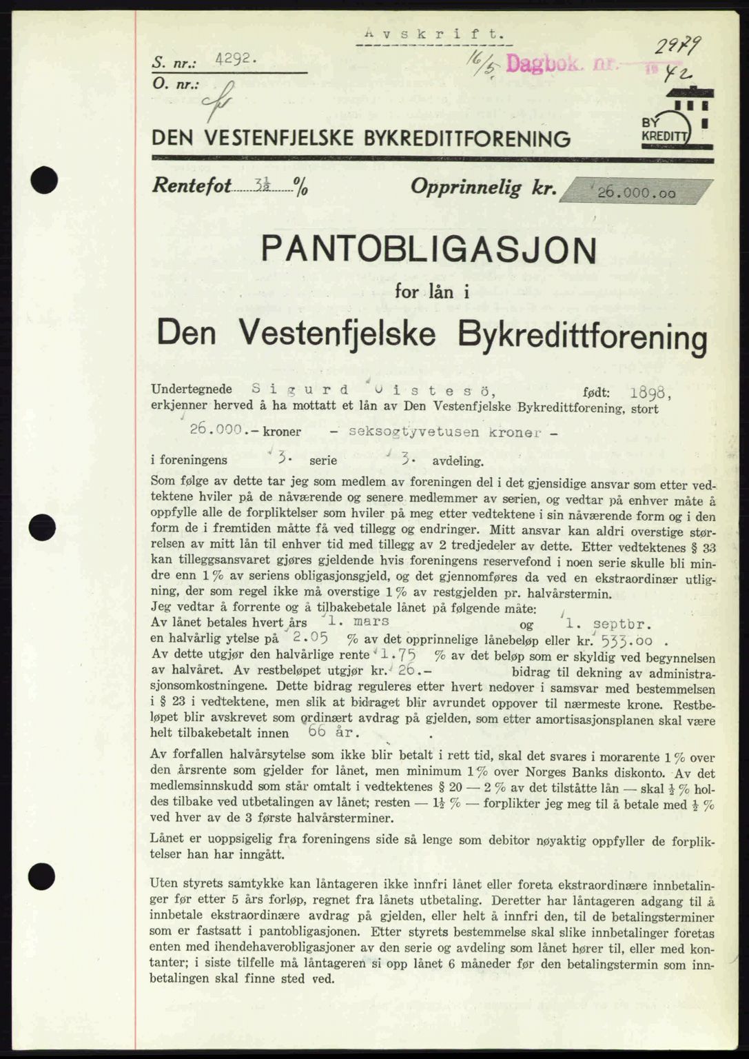 Byfogd og Byskriver i Bergen, SAB/A-3401/03/03Bd/L0001: Pantebok nr. B1-25, 1936-1945, Dagboknr: 2979/1942