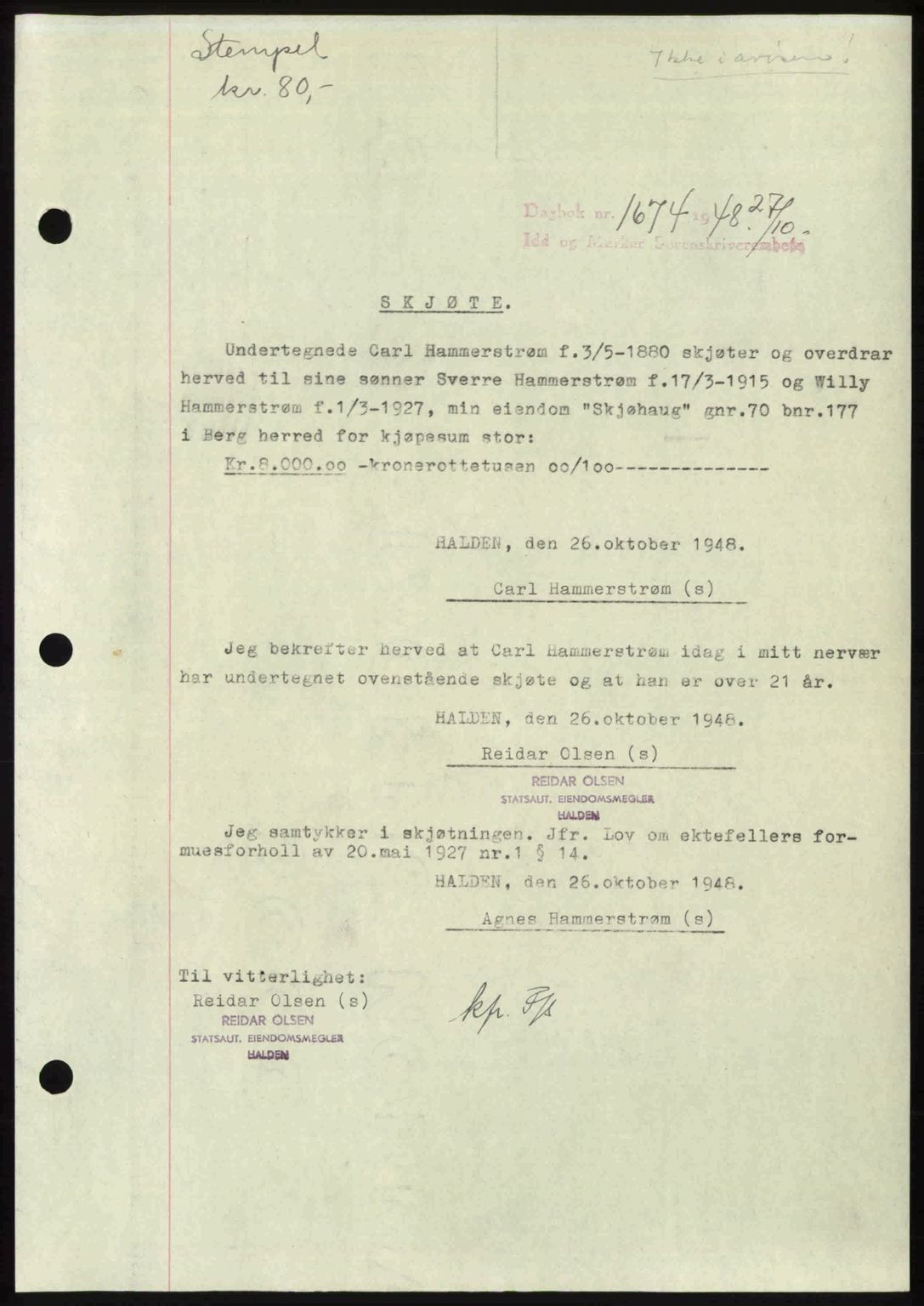 Idd og Marker sorenskriveri, SAO/A-10283/G/Gb/Gbb/L0011: Pantebok nr. A11, 1948-1949, Dagboknr: 1674/1948
