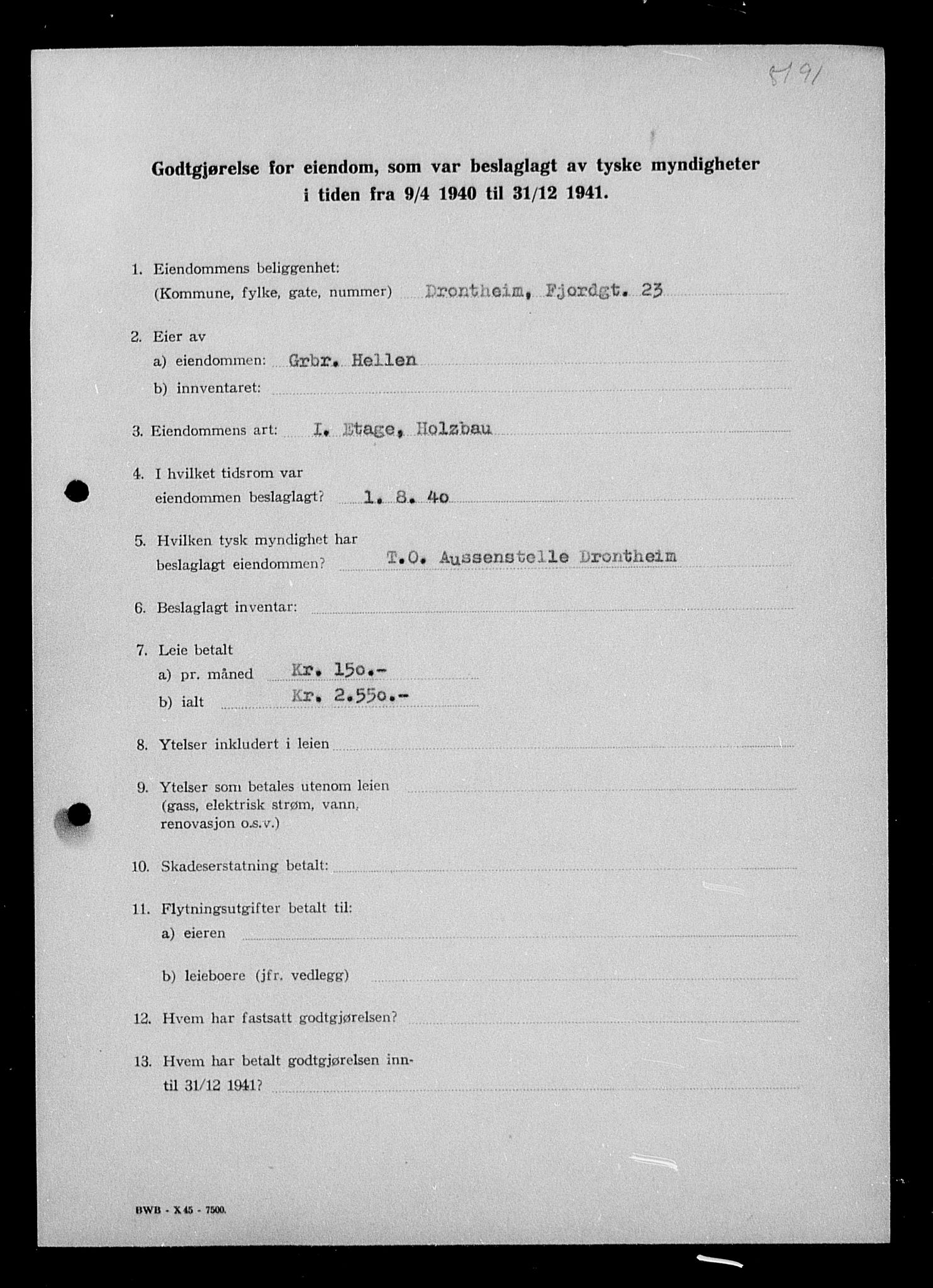 Justisdepartementet, Tilbakeføringskontoret for inndratte formuer, AV/RA-S-1564/I/L1018: Godtgjørelse for beslaglagt eiendom, 1940-1941, s. 60