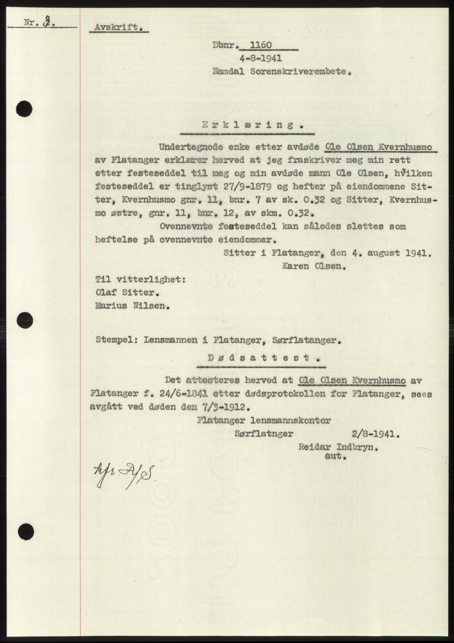 Namdal sorenskriveri, SAT/A-4133/1/2/2C: Pantebok nr. -, 1940-1941, Tingl.dato: 04.08.1941