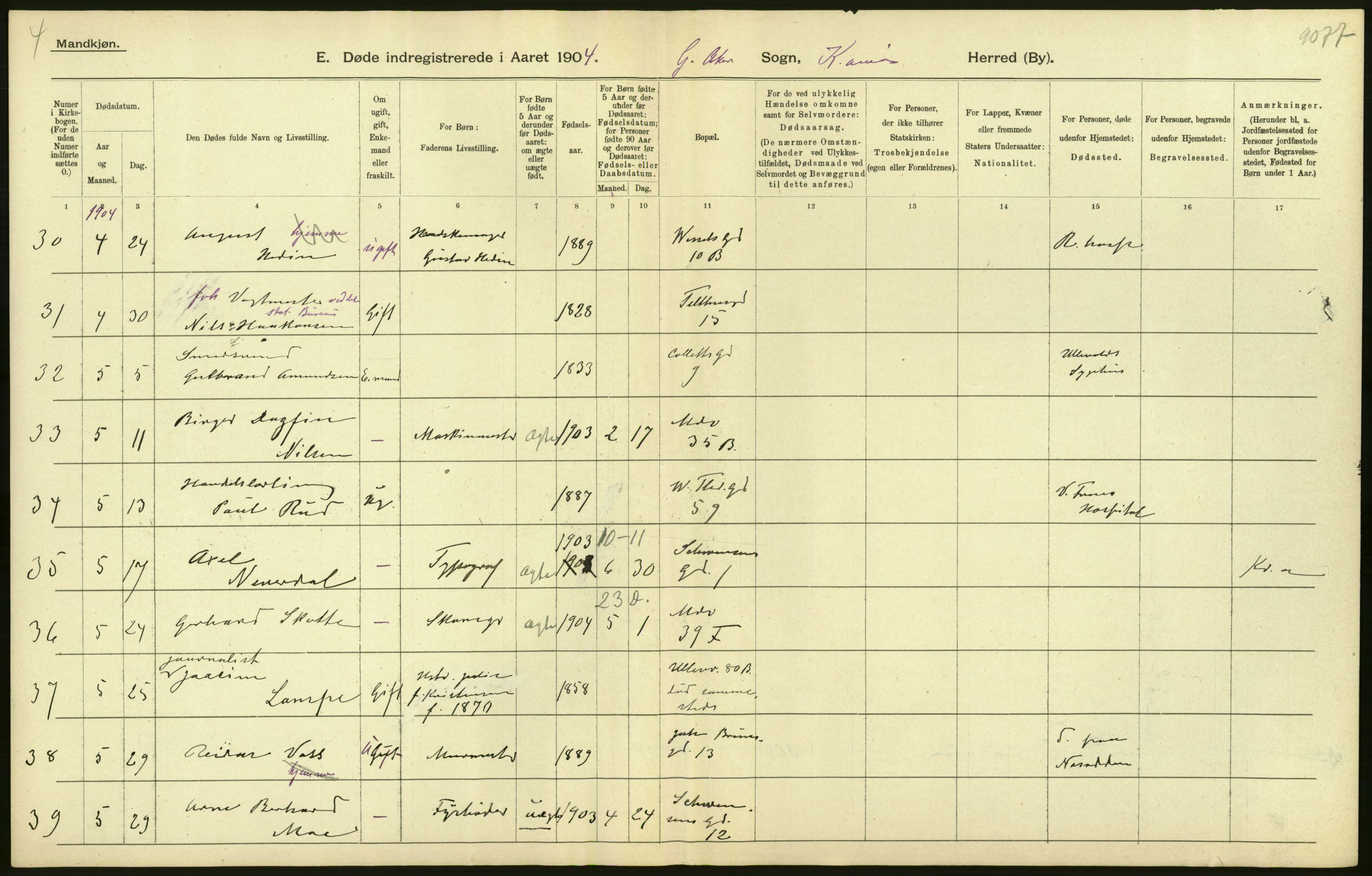 Statistisk sentralbyrå, Sosiodemografiske emner, Befolkning, AV/RA-S-2228/D/Df/Dfa/Dfab/L0004: Kristiania: Gifte, døde, 1904, s. 376