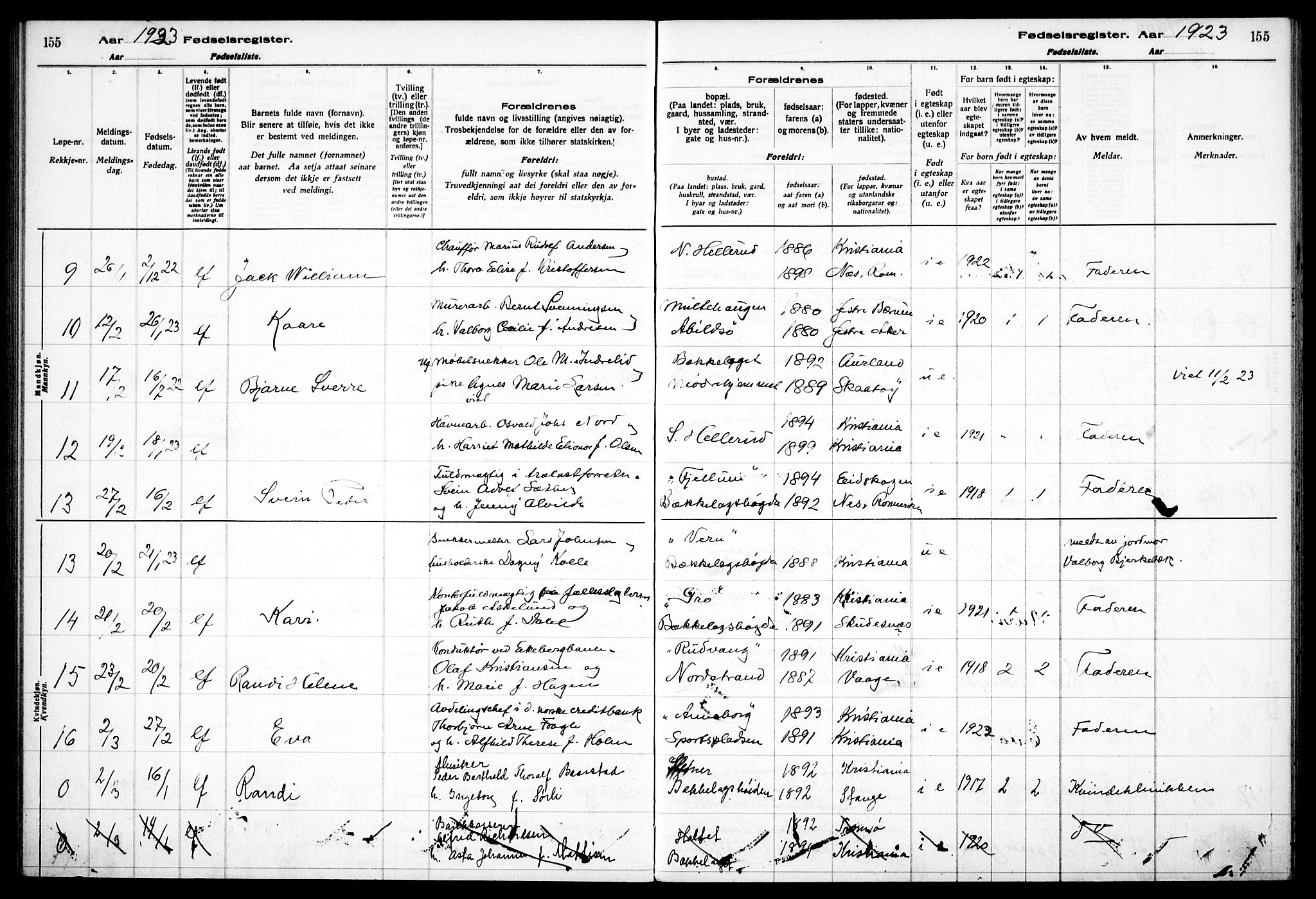 Nordstrand prestekontor Kirkebøker, AV/SAO-A-10362a/J/Ja/L0001: Fødselsregister nr. I 1, 1916-1924, s. 155
