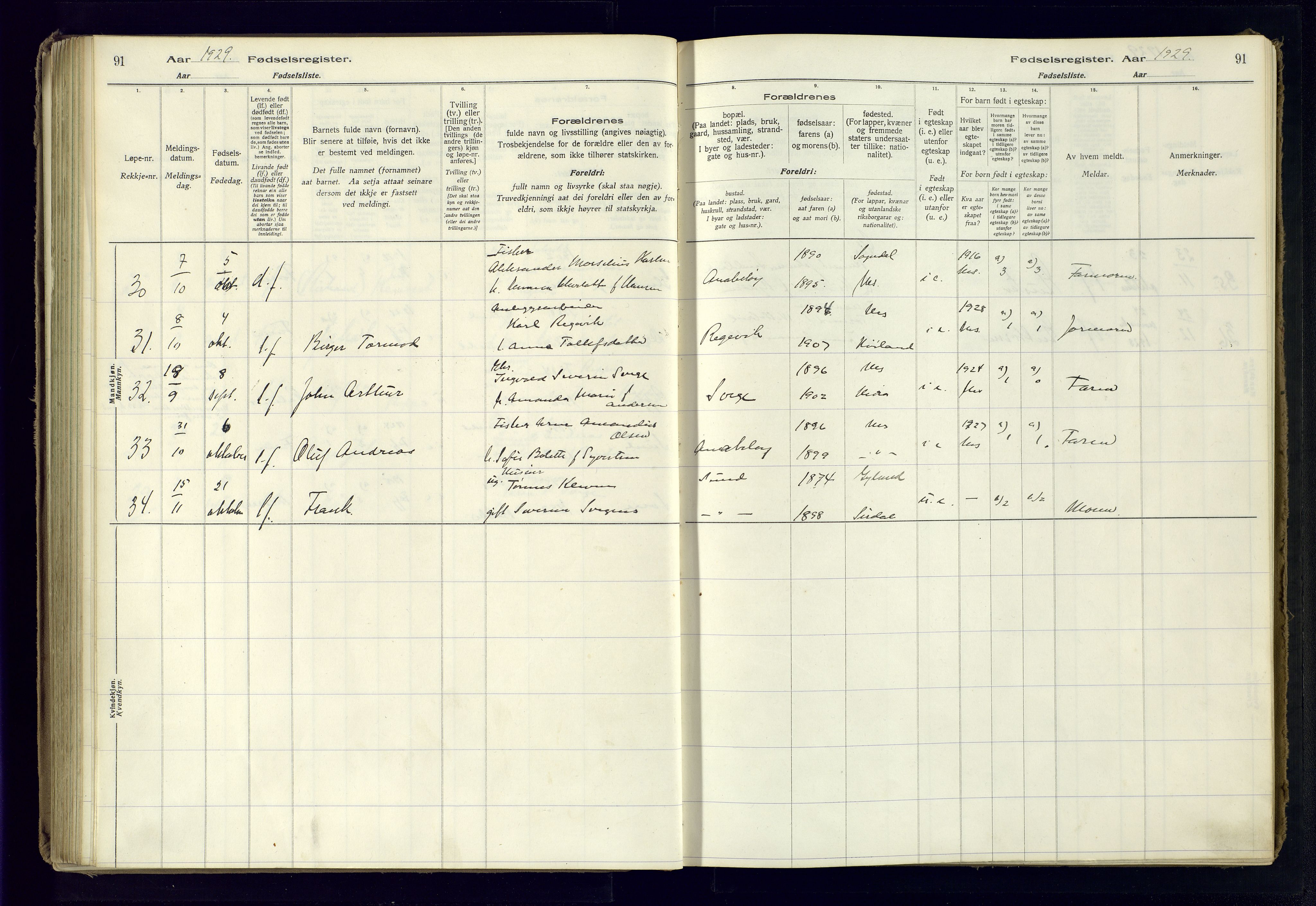 Flekkefjord sokneprestkontor, AV/SAK-1111-0012/J/Ja/L0005: Fødselsregister nr. 5, 1916-1950, s. 91