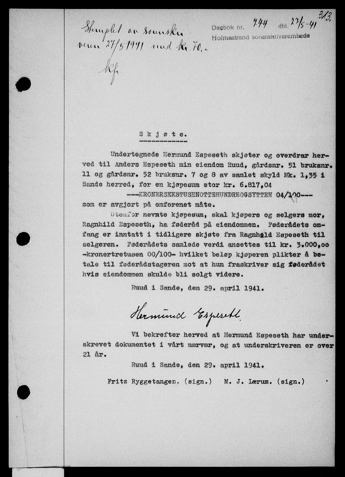Holmestrand sorenskriveri, SAKO/A-67/G/Ga/Gaa/L0053: Pantebok nr. A-53, 1941-1941, Dagboknr: 744/1941
