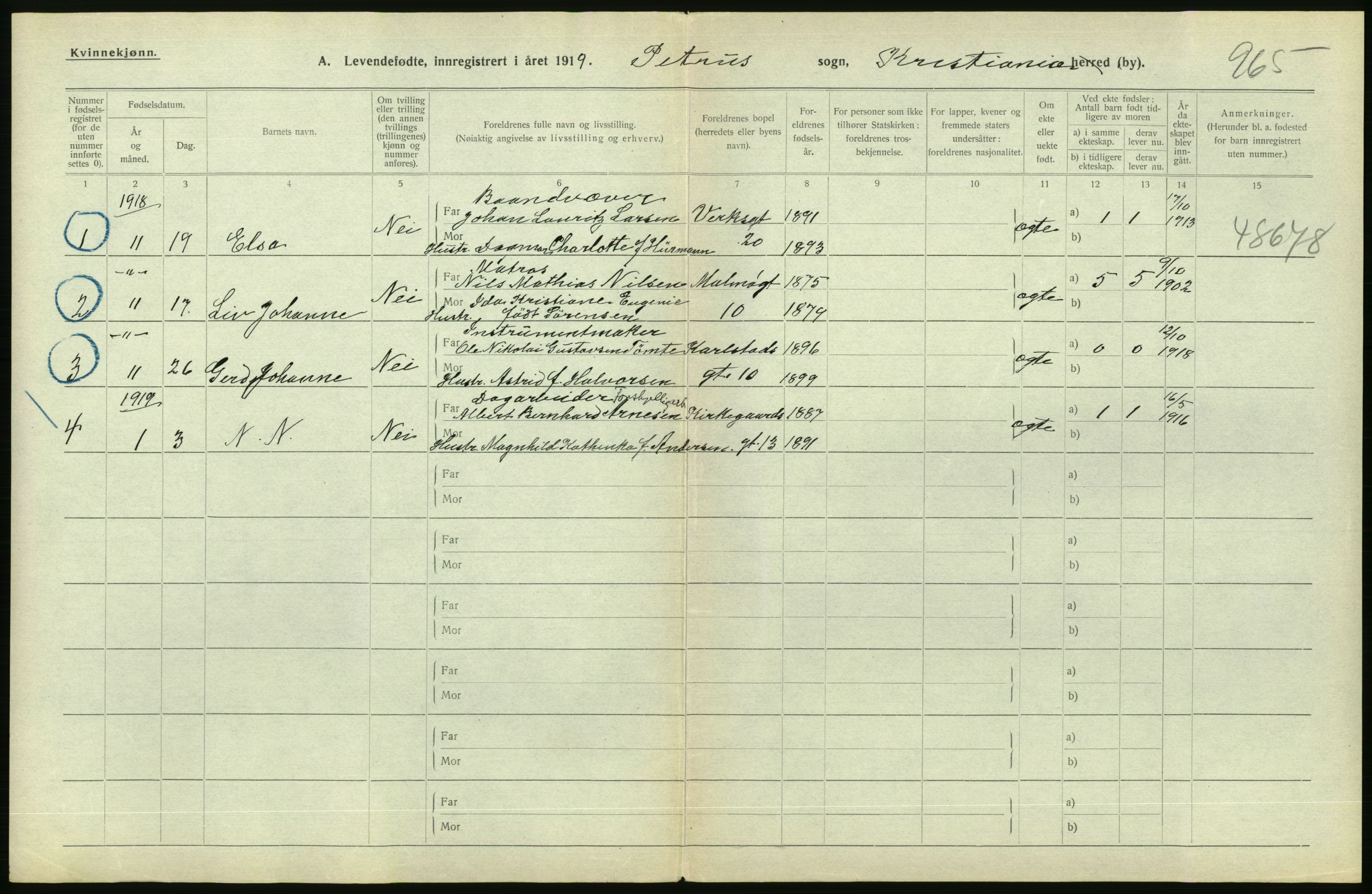 Statistisk sentralbyrå, Sosiodemografiske emner, Befolkning, AV/RA-S-2228/D/Df/Dfb/Dfbi/L0008: Kristiania: Levendefødte menn og kvinner., 1919