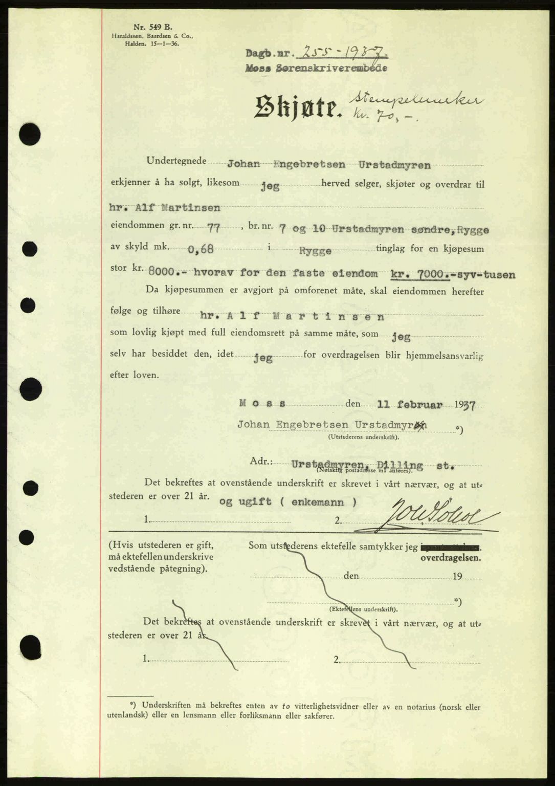 Moss sorenskriveri, SAO/A-10168: Pantebok nr. A2, 1936-1937, Dagboknr: 255/1936