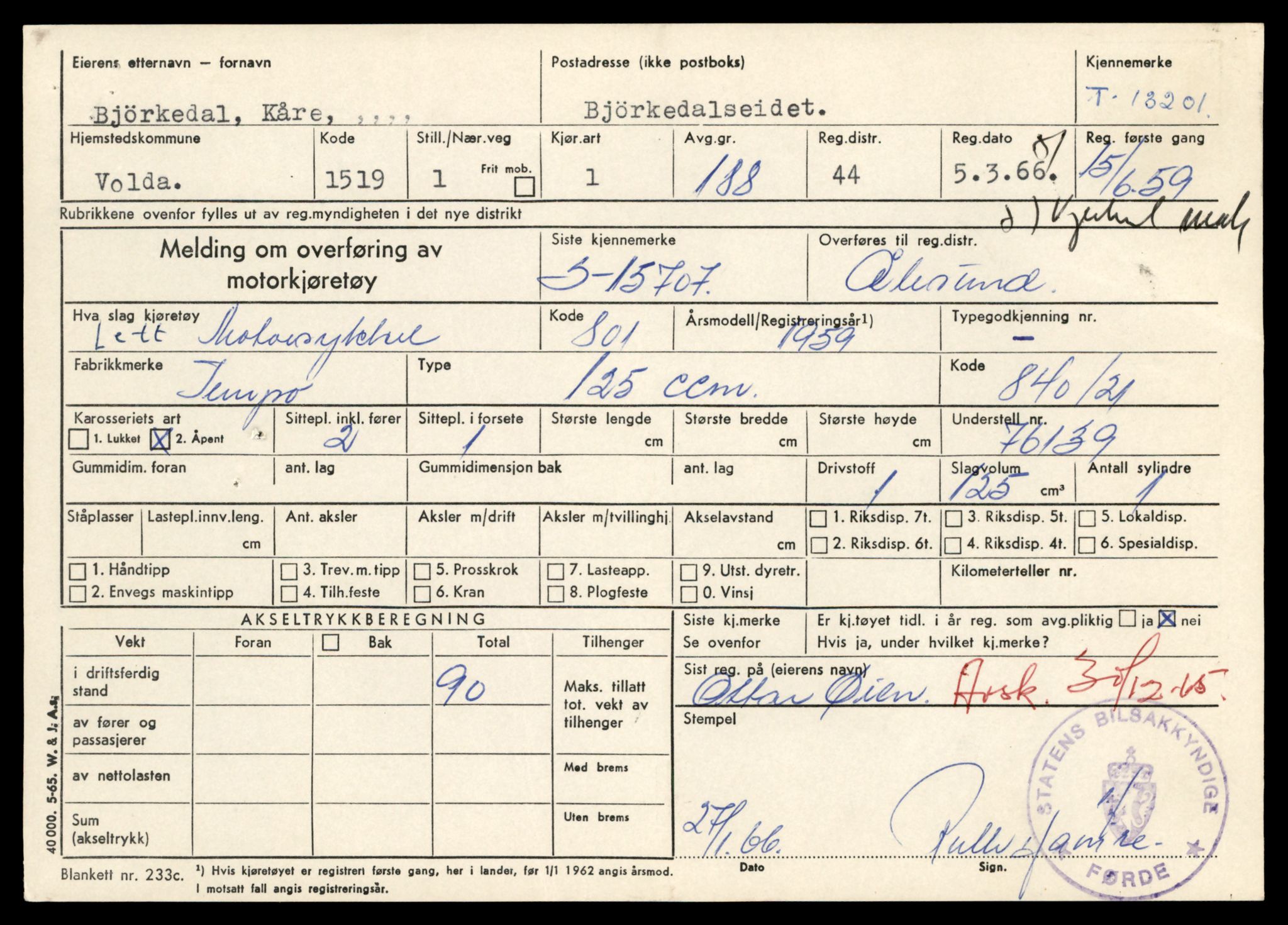 Møre og Romsdal vegkontor - Ålesund trafikkstasjon, AV/SAT-A-4099/F/Fe/L0038: Registreringskort for kjøretøy T 13180 - T 13360, 1927-1998, s. 319