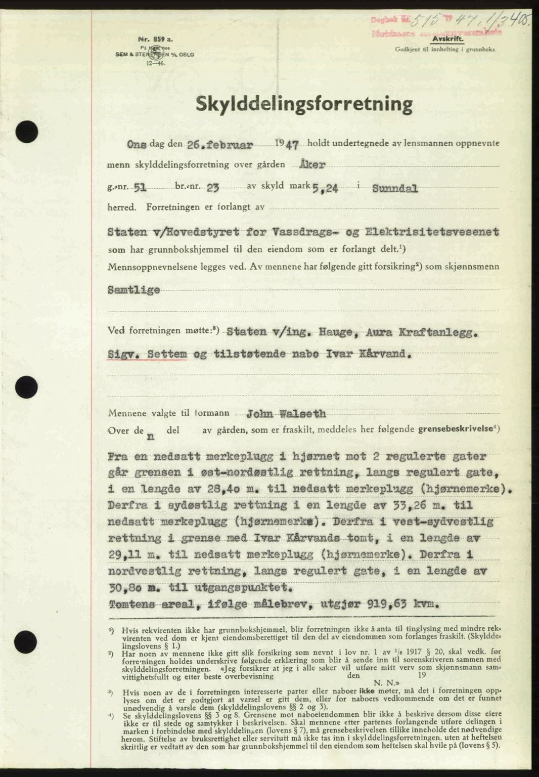 Nordmøre sorenskriveri, SAT/A-4132/1/2/2Ca: Pantebok nr. A104, 1947-1947, Dagboknr: 515/1947