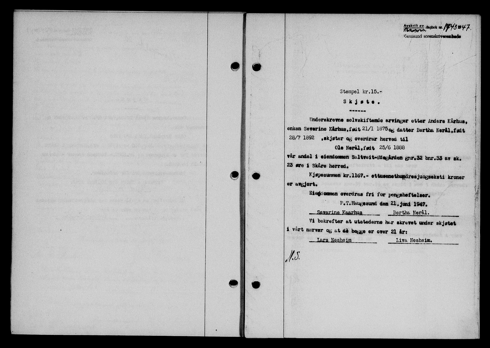 Karmsund sorenskriveri, SAST/A-100311/01/II/IIB/L0090: Pantebok nr. 70A, 1947-1947, Dagboknr: 1743/1947