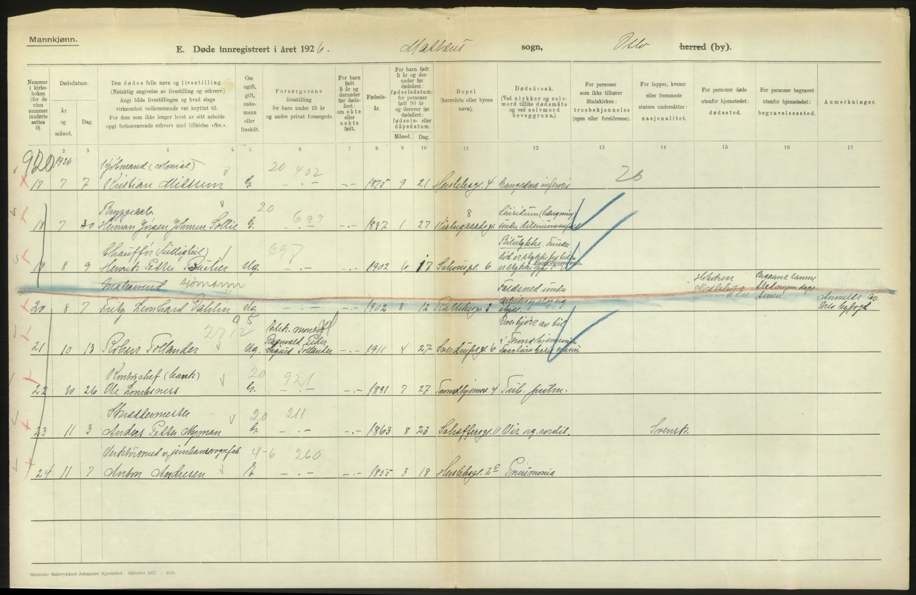 Statistisk sentralbyrå, Sosiodemografiske emner, Befolkning, AV/RA-S-2228/D/Df/Dfc/Dfcf/L0009: Oslo: Døde menn, 1926, s. 538