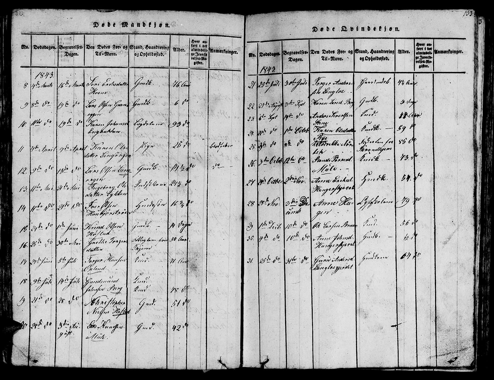 Ministerialprotokoller, klokkerbøker og fødselsregistre - Sør-Trøndelag, AV/SAT-A-1456/612/L0385: Klokkerbok nr. 612C01, 1816-1845, s. 133