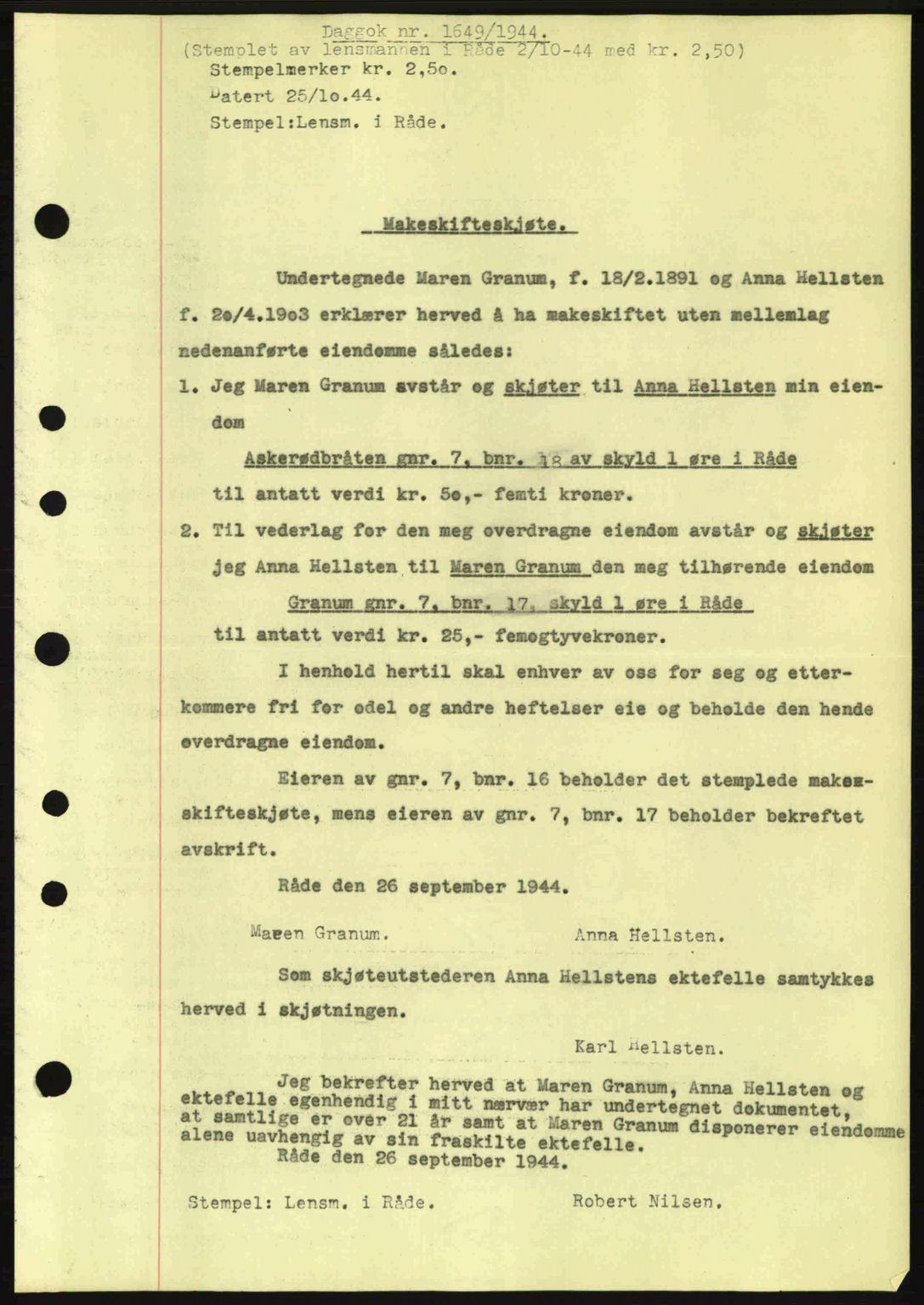 Moss sorenskriveri, SAO/A-10168: Pantebok nr. A13, 1944-1945, Dagboknr: 1649/1944