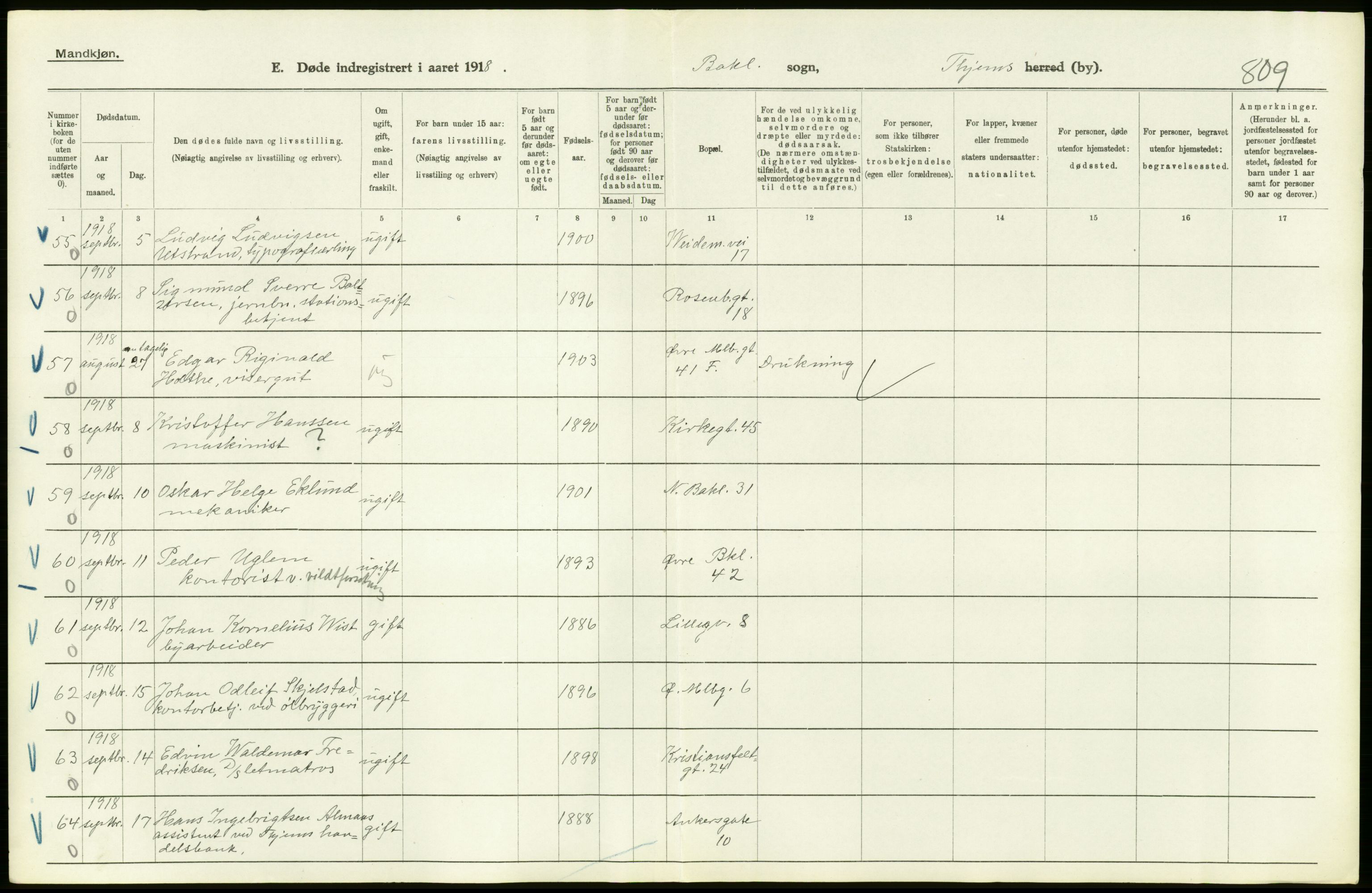 Statistisk sentralbyrå, Sosiodemografiske emner, Befolkning, AV/RA-S-2228/D/Df/Dfb/Dfbh/L0049: Trondheim: Døde, dødfødte., 1918, s. 50