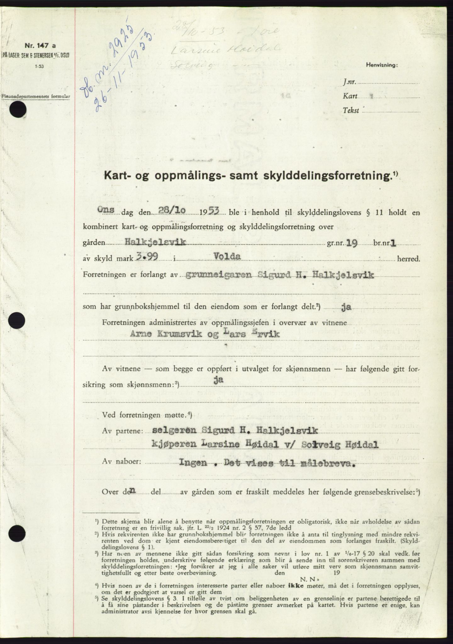 Søre Sunnmøre sorenskriveri, SAT/A-4122/1/2/2C/L0096: Pantebok nr. 22A, 1953-1954, Dagboknr: 2925/1953