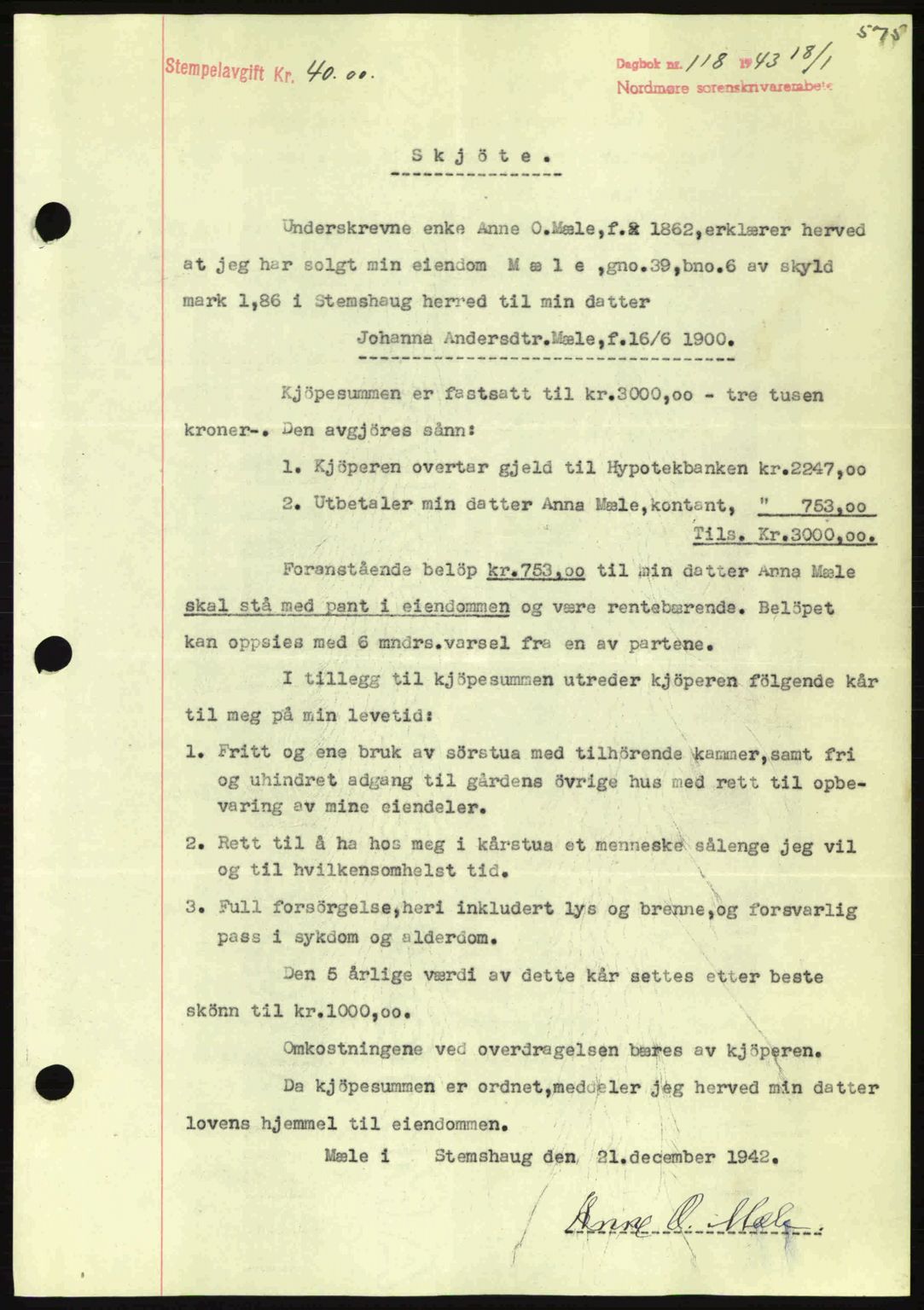 Nordmøre sorenskriveri, AV/SAT-A-4132/1/2/2Ca: Pantebok nr. A94, 1942-1943, Dagboknr: 118/1943