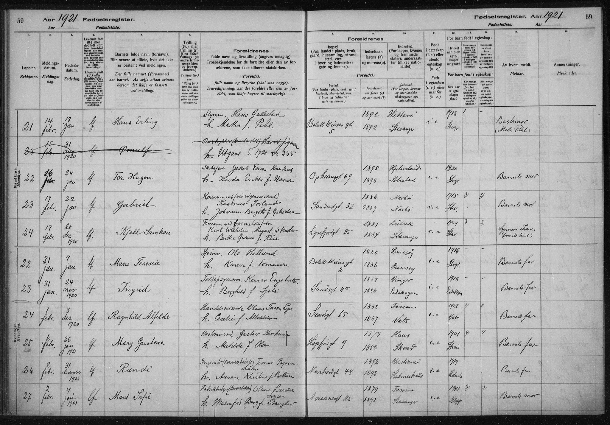 St. Johannes sokneprestkontor, AV/SAST-A-101814/002/A/L0002: Fødselsregister nr. 2, 1919-1924, s. 59