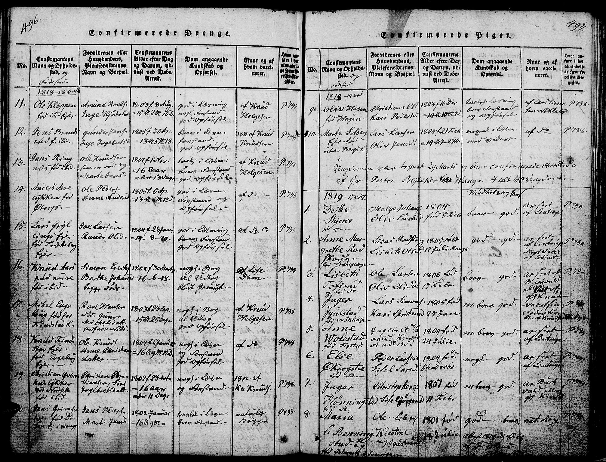Løten prestekontor, AV/SAH-PREST-022/L/La/L0001: Klokkerbok nr. 1, 1812-1832, s. 496-497