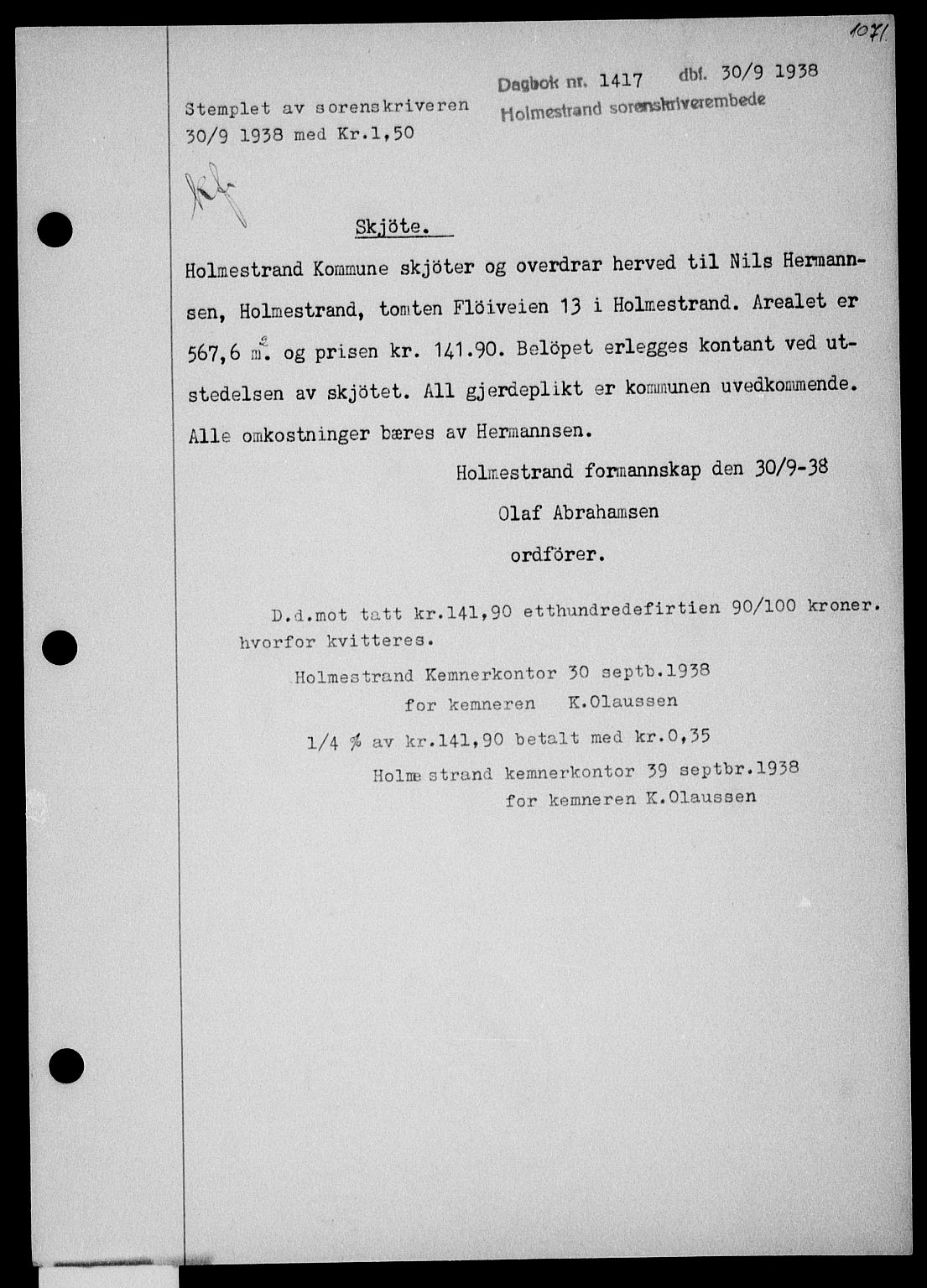 Holmestrand sorenskriveri, SAKO/A-67/G/Ga/Gaa/L0049: Pantebok nr. A-49, 1937-1938, Dagboknr: 1417/1938
