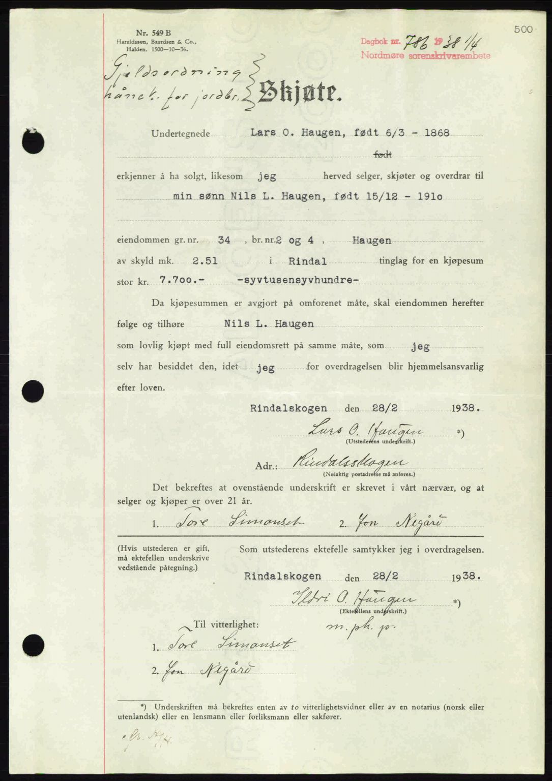 Nordmøre sorenskriveri, SAT/A-4132/1/2/2Ca: Pantebok nr. A83, 1938-1938, Dagboknr: 786/1938