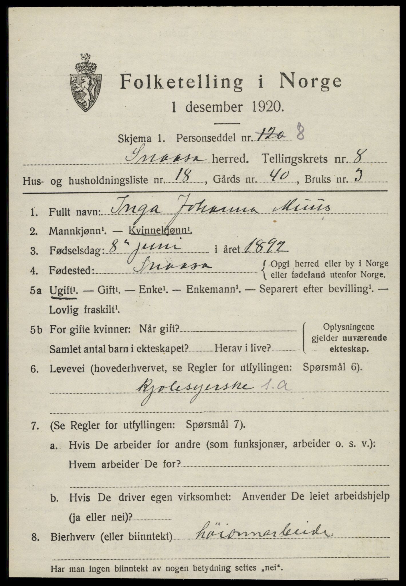 SAT, Folketelling 1920 for 1736 Snåsa herred, 1920, s. 3406