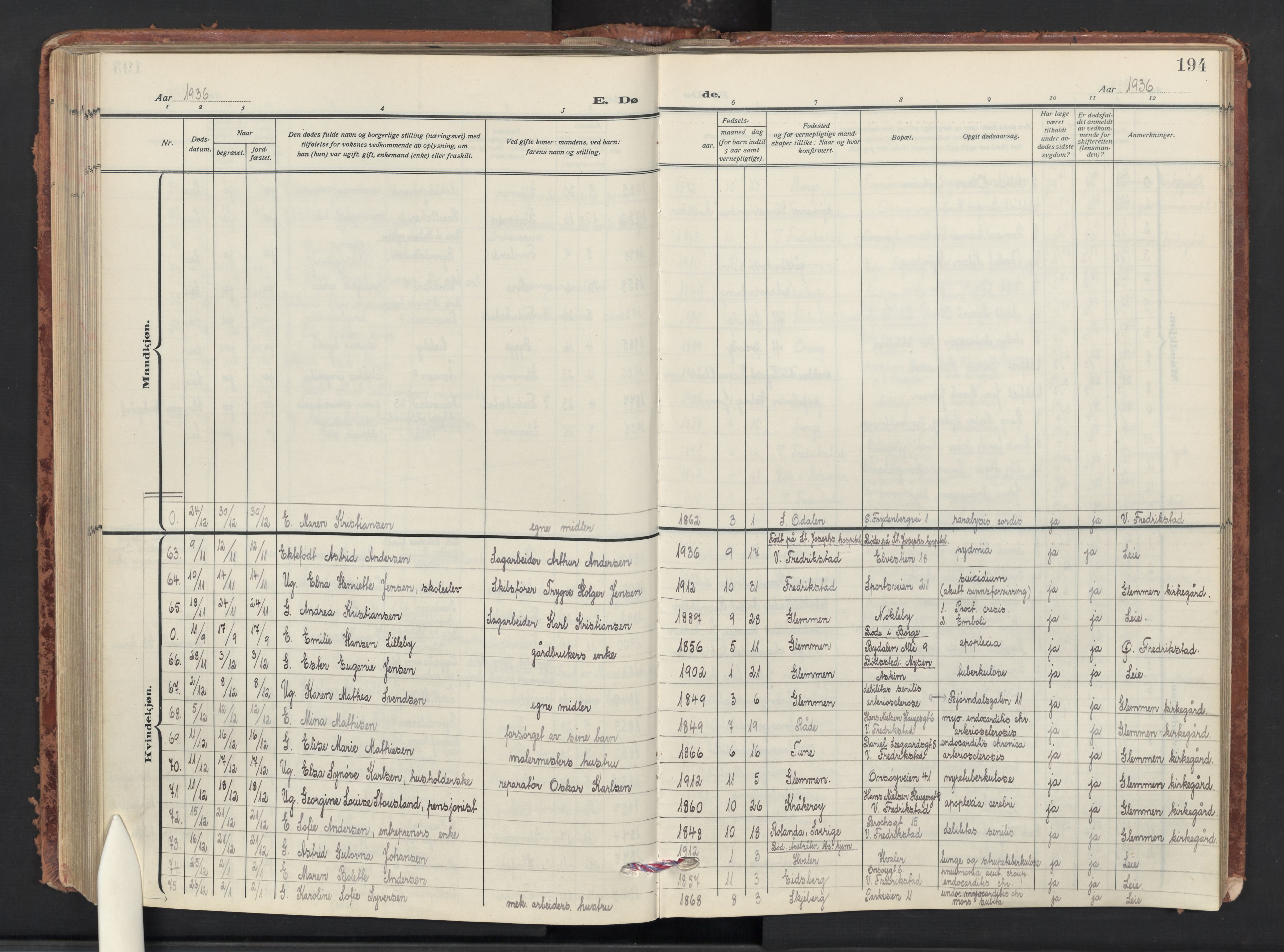 Glemmen prestekontor Kirkebøker, SAO/A-10908/G/Ga/L0010: Klokkerbok nr. 10, 1928-1951, s. 194