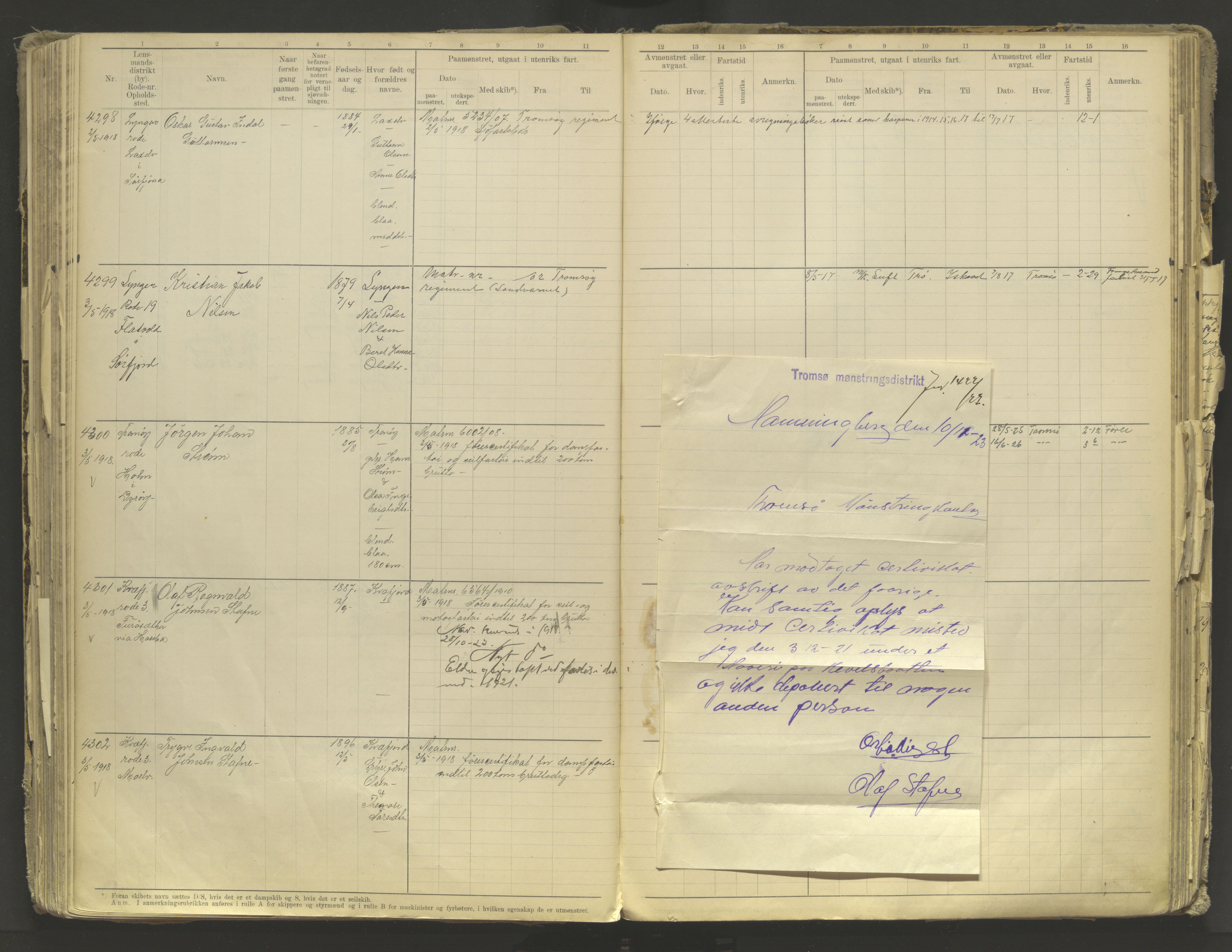 Tromsø sjømannskontor/innrullerings-/mønstringsdistrikt, AV/SATØ-S-0243/F/Fb/L0010: Annotasjonsrulle. Defekt: løs innbinding. Nr. 3519-4972, 1916-1920