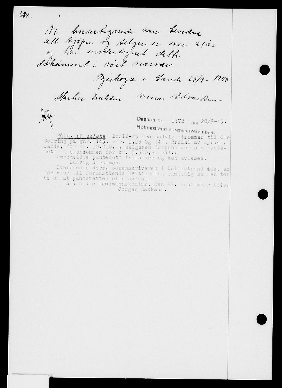 Holmestrand sorenskriveri, SAKO/A-67/G/Ga/Gaa/L0057: Pantebok nr. A-57, 1943-1944, Dagboknr: 1372/1943