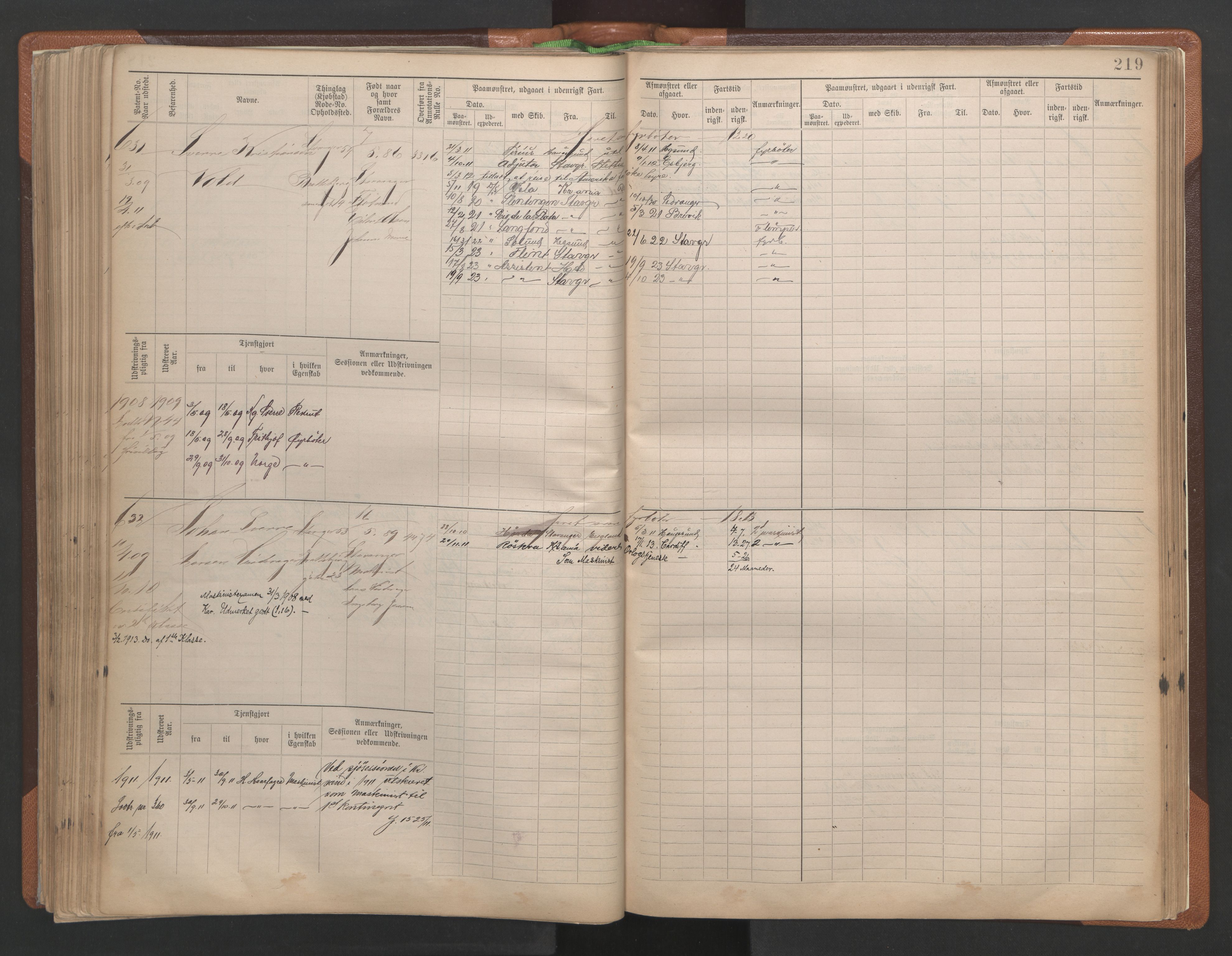 Stavanger sjømannskontor, AV/SAST-A-102006/F/Fe/L0002: Maskinist- og fyrbøterrulle, patentnr. 195-781, 1893-1922, s. 224