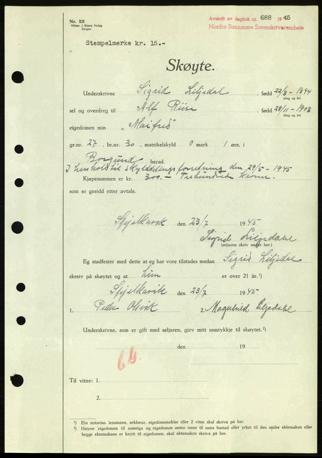 Nordre Sunnmøre sorenskriveri, AV/SAT-A-0006/1/2/2C/2Ca: Pantebok nr. A20a, 1945-1945, Dagboknr: 688/1945