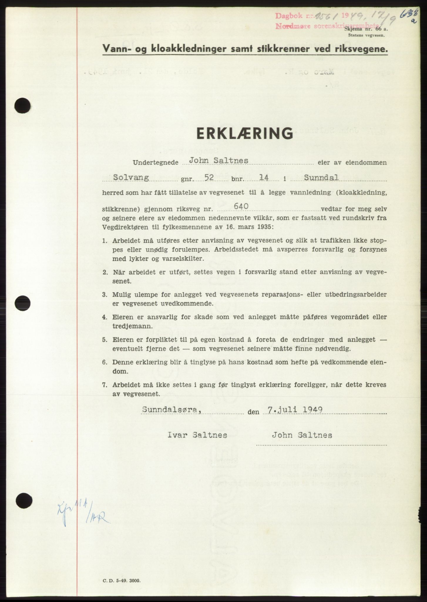 Nordmøre sorenskriveri, SAT/A-4132/1/2/2Ca: Pantebok nr. B102, 1949-1949, Dagboknr: 2561/1949