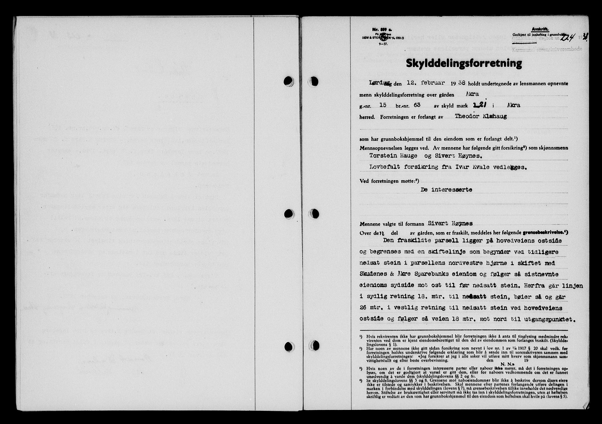 Karmsund sorenskriveri, SAST/A-100311/01/II/IIB/L0069: Pantebok nr. 50A, 1937-1938, Dagboknr: 224/1938