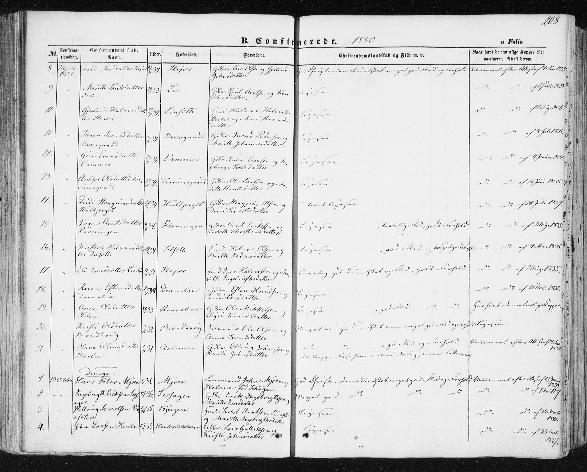 Ministerialprotokoller, klokkerbøker og fødselsregistre - Sør-Trøndelag, SAT/A-1456/678/L0899: Ministerialbok nr. 678A08, 1848-1872, s. 208