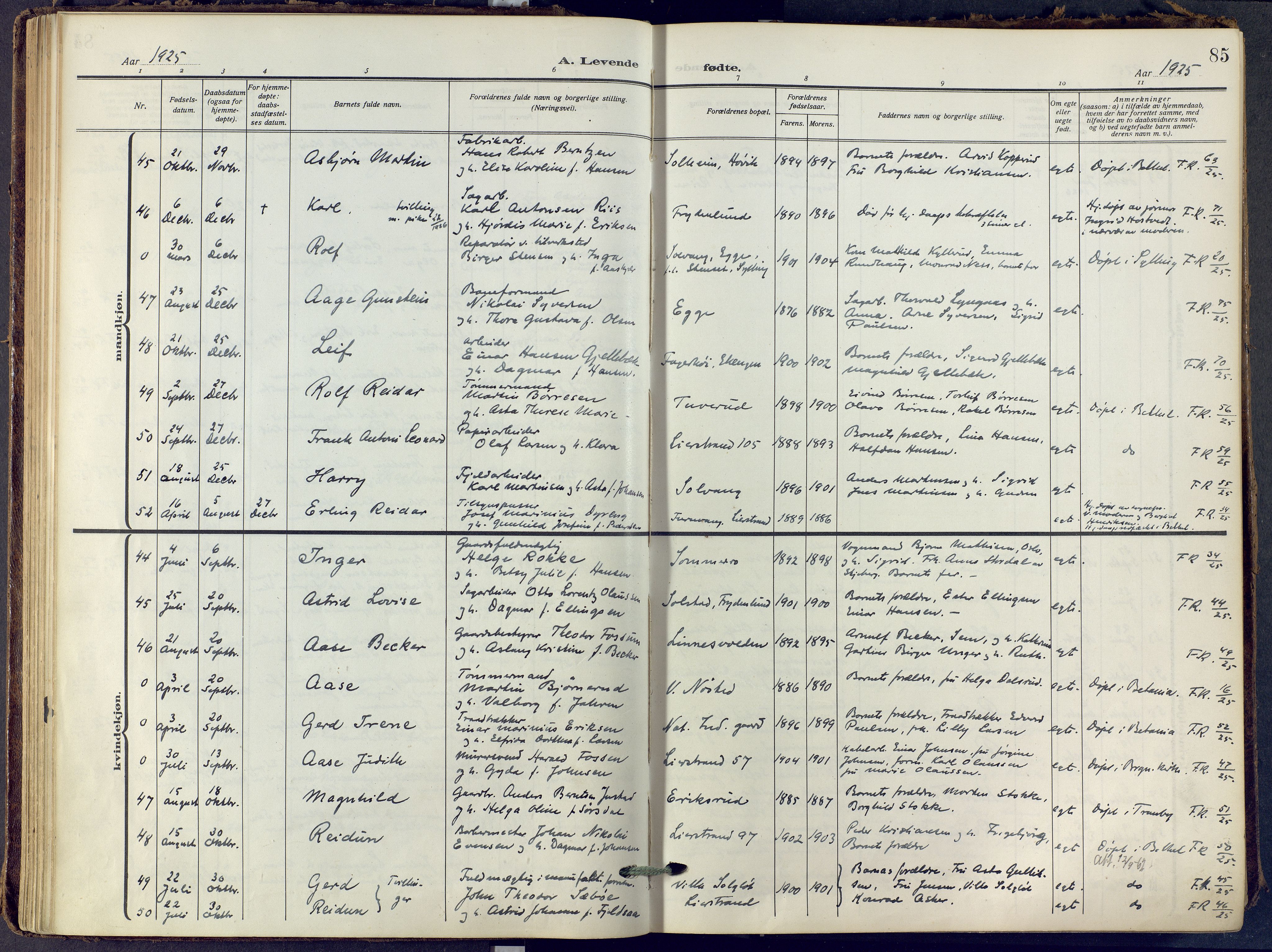 Lier kirkebøker, SAKO/A-230/F/Fa/L0019: Ministerialbok nr. I 19, 1918-1928, s. 85