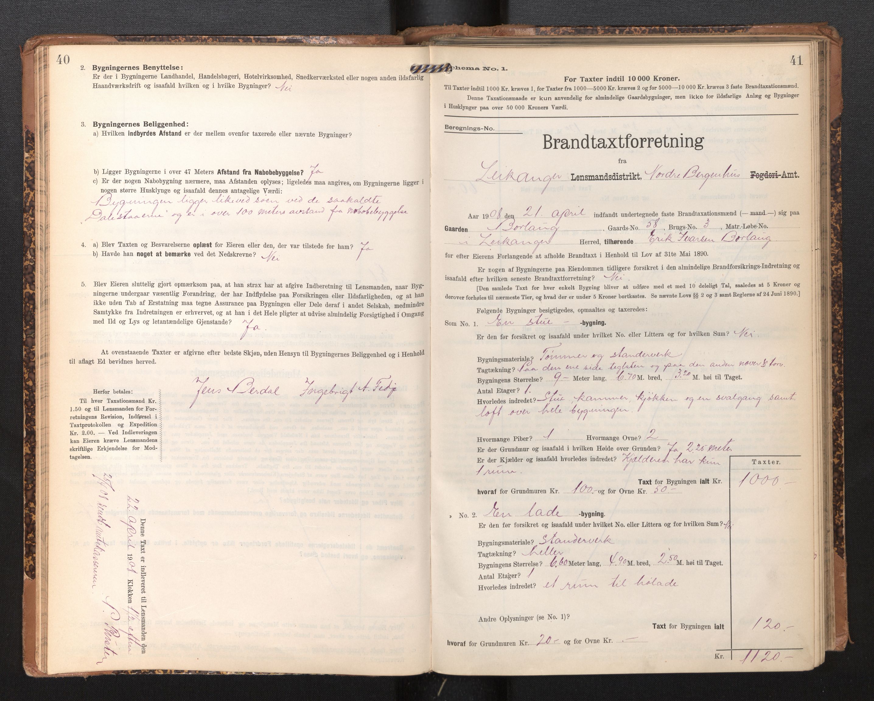 Lensmannen i Leikanger, AV/SAB-A-29201/0012/L0005: Branntakstprotokoll, skjematakst, 1907-1917, s. 40-41