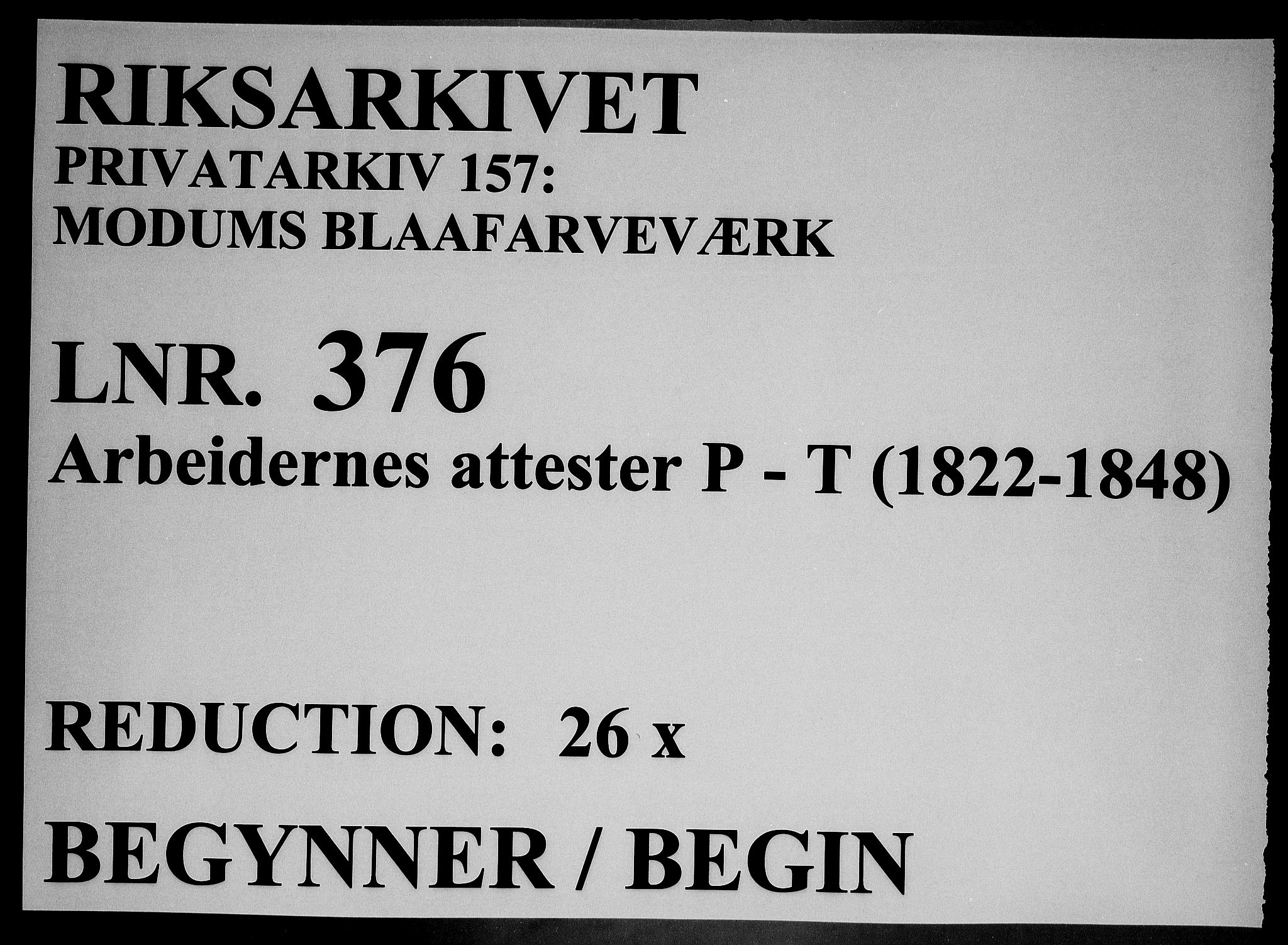 Modums Blaafarveværk, AV/RA-PA-0157/G/Gg/L0376/0001: -- / Arbeidernes attester P-T, 1822-1848, s. 1
